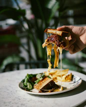 Hand holding a dripping cheese sandwich over fries and salad.