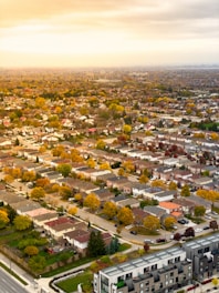 Aerial view of suburban neighborhood during autumn