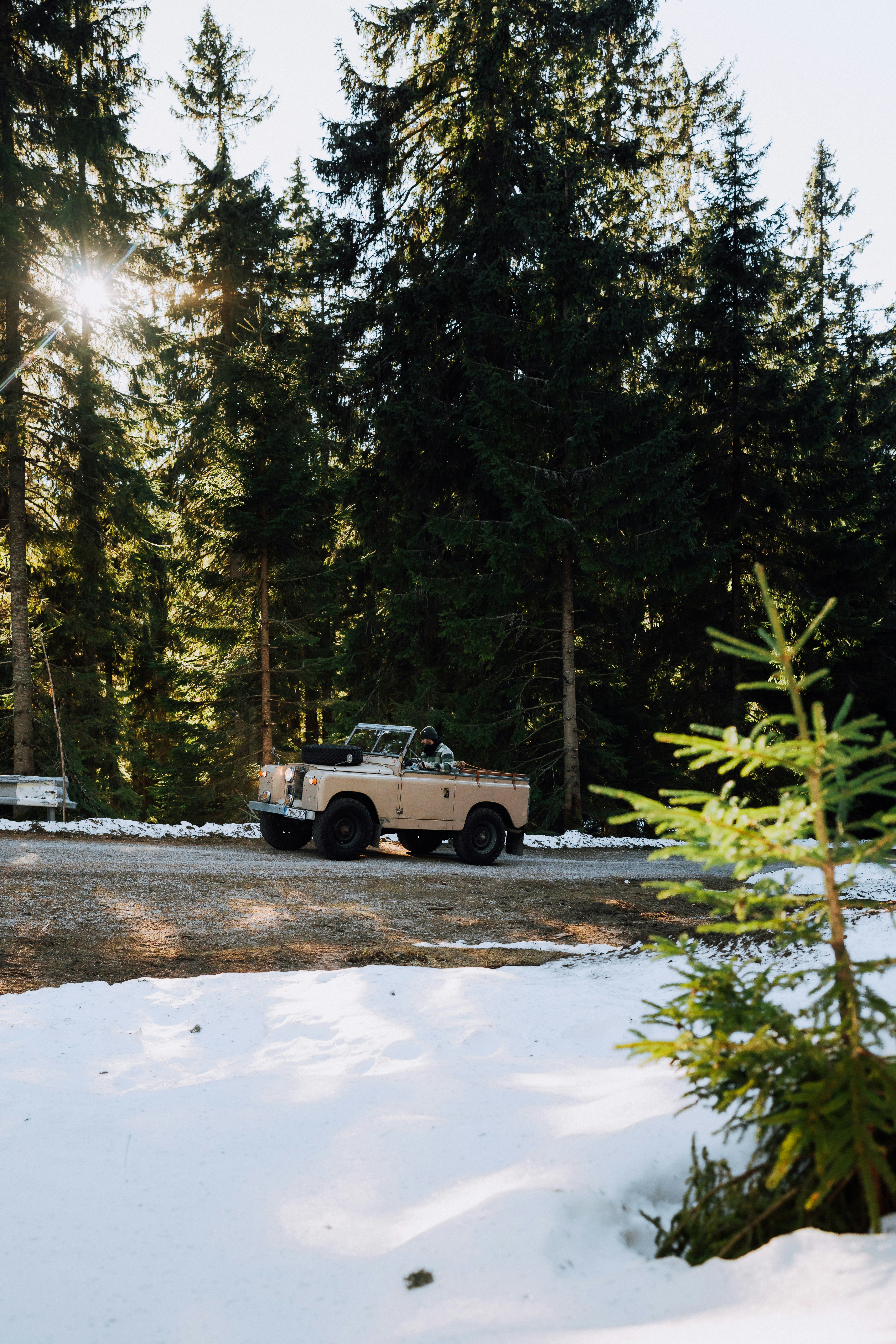 A vintage convertible drives through a snowy forest road.