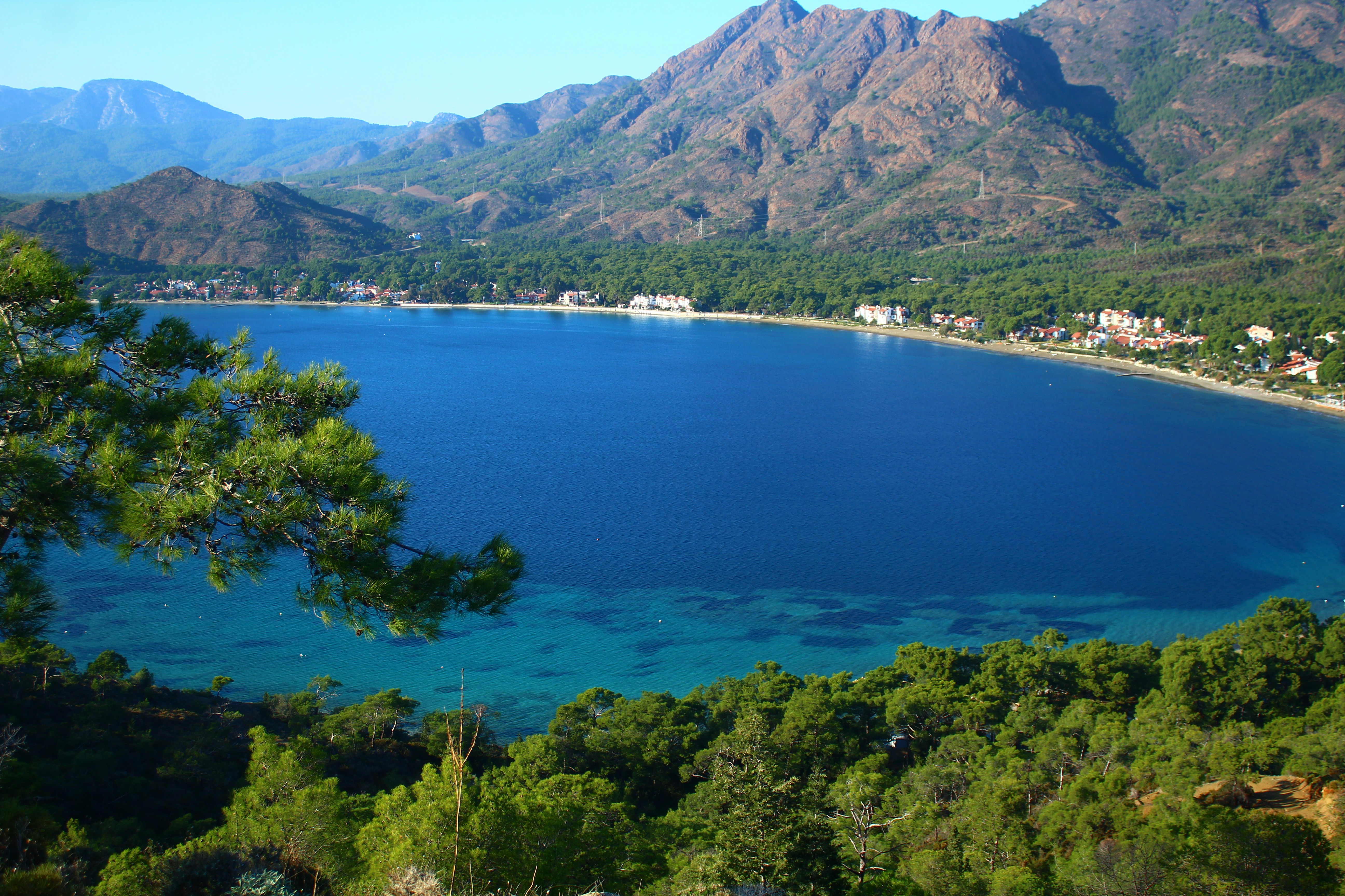 A scenic bay with mountains and lush green trees.