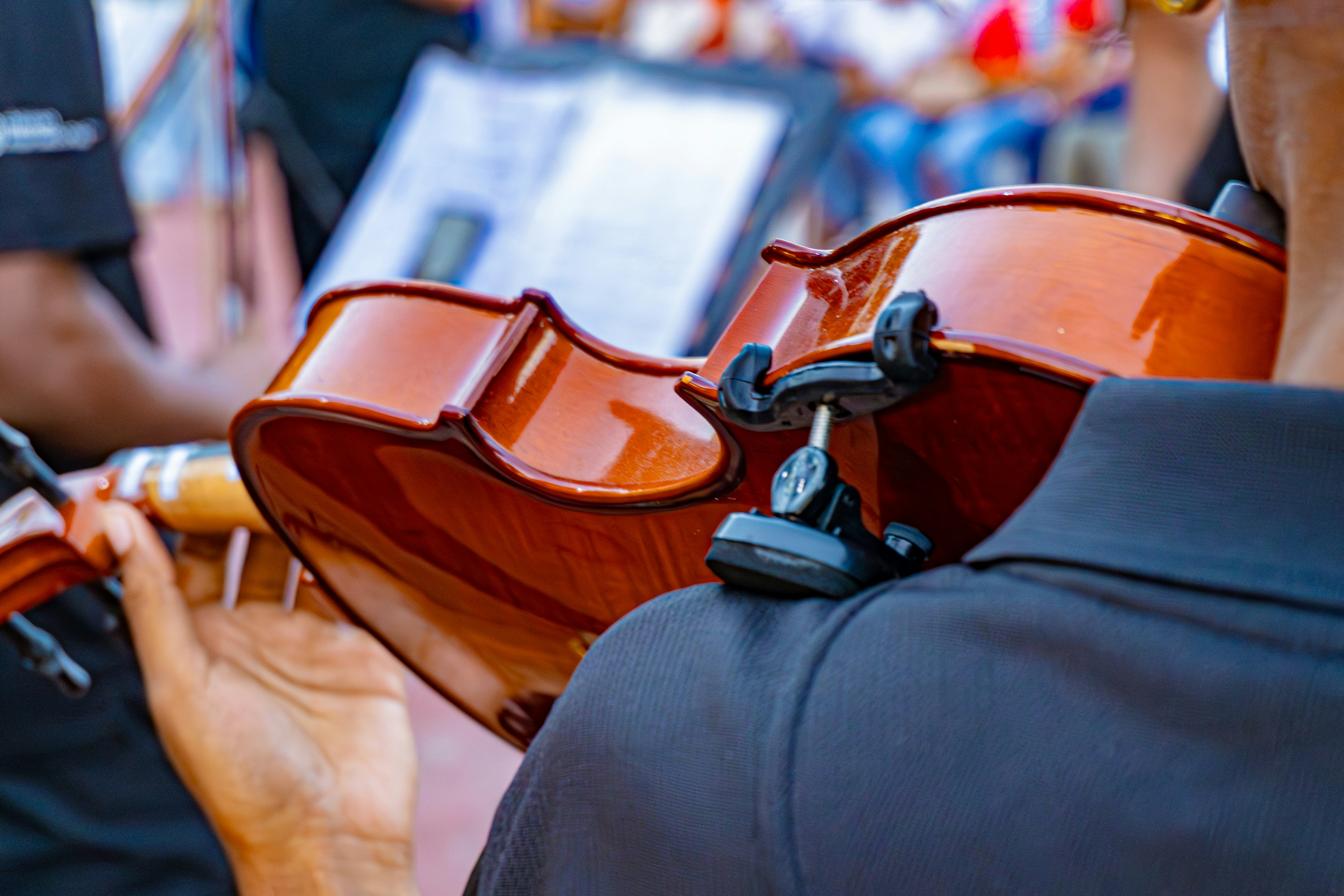 Musician holding a violin before a performance