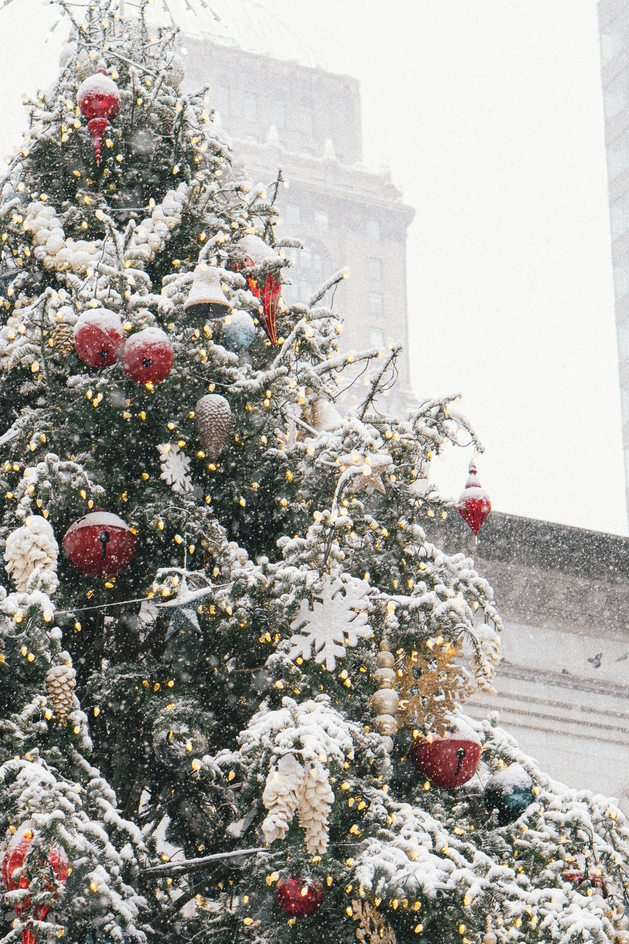 Decorated christmas tree in falling snow.