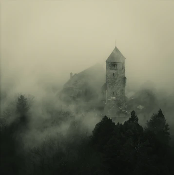 Ancient stone tower shrouded in mist and trees.