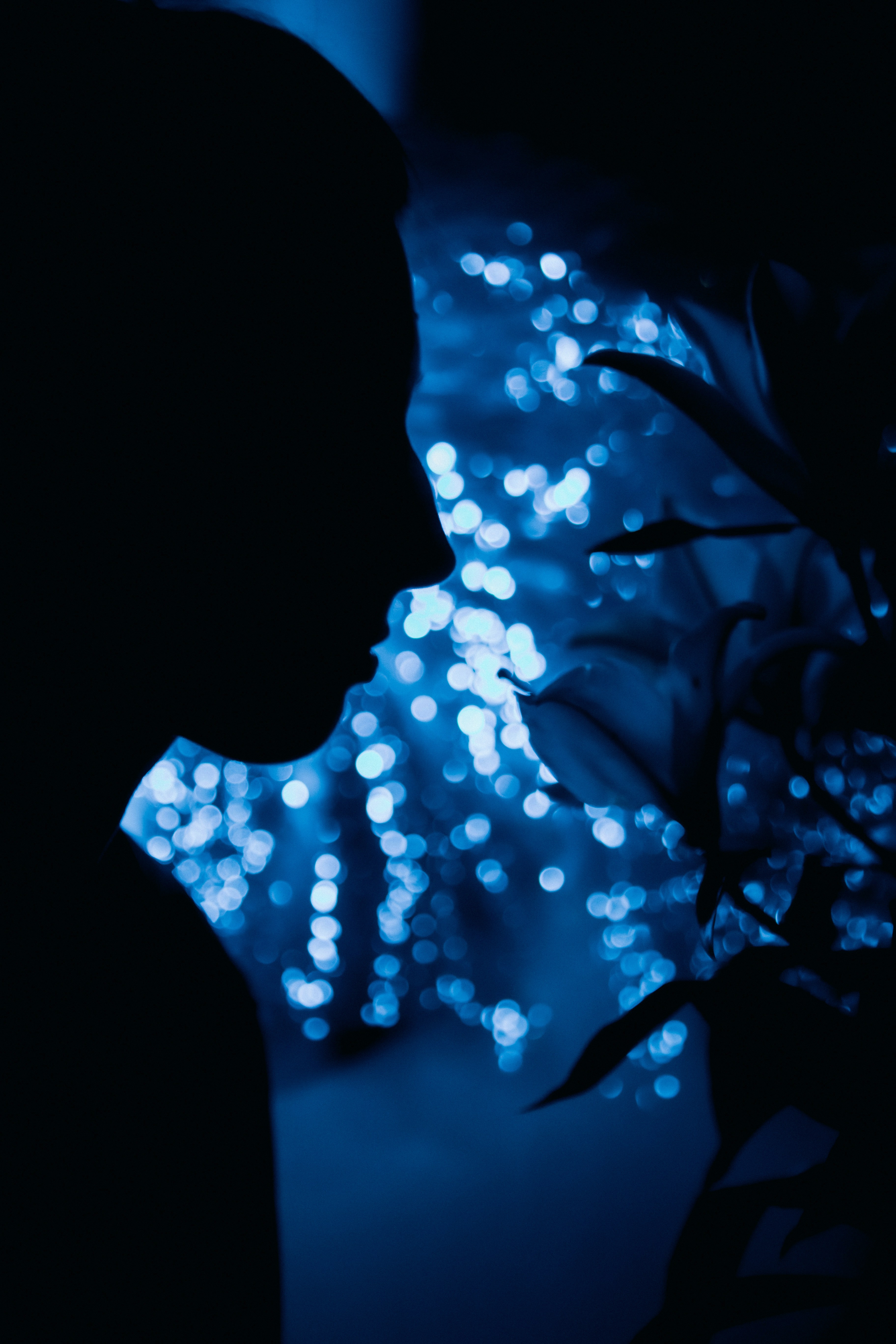 Silhouette of a person against blue bokeh lights.