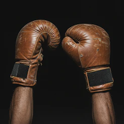 Two brown leather boxing gloves held up