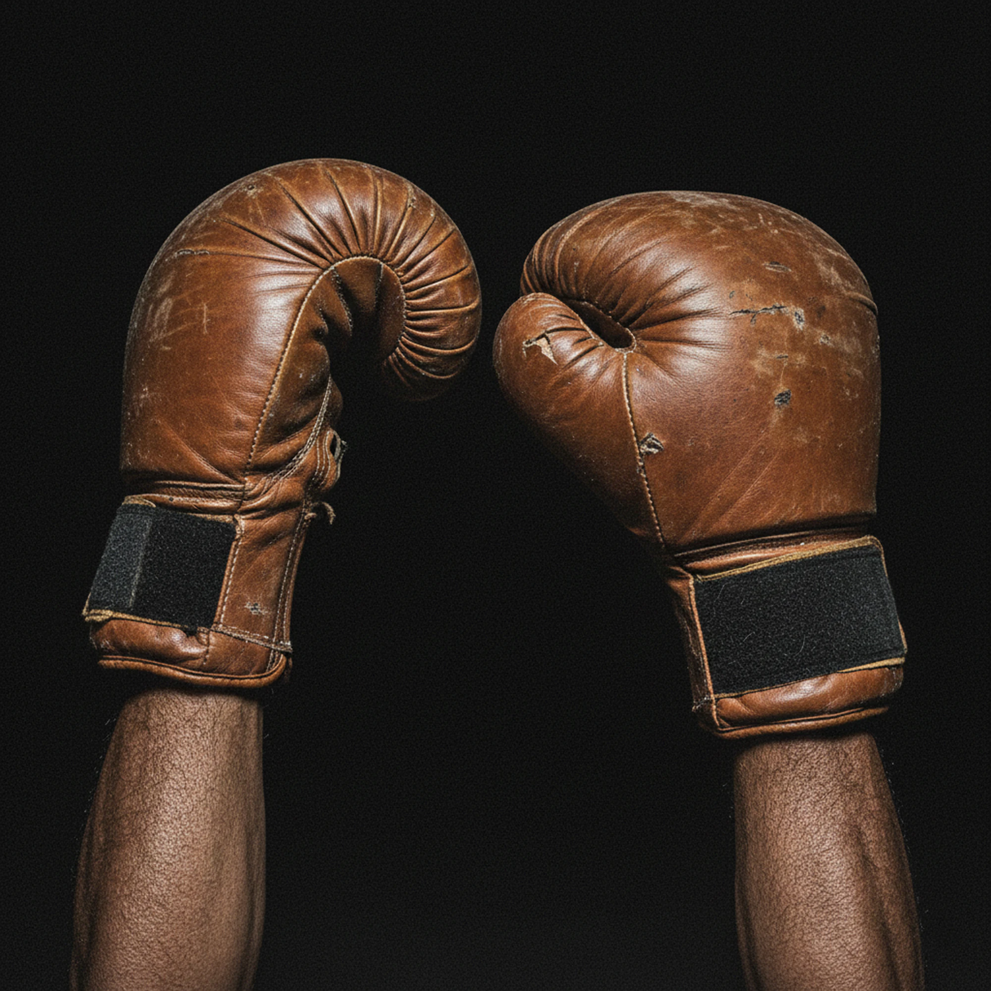 Two hands raised in brown leather boxing gloves against a dark background