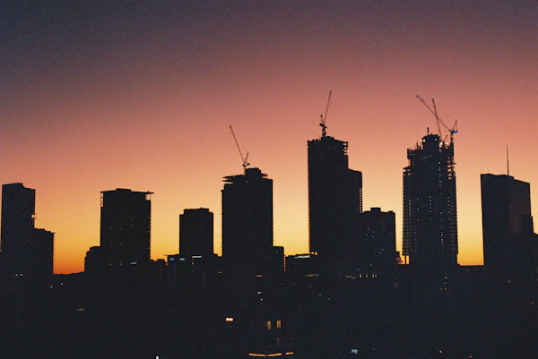 A city skyline at sunset