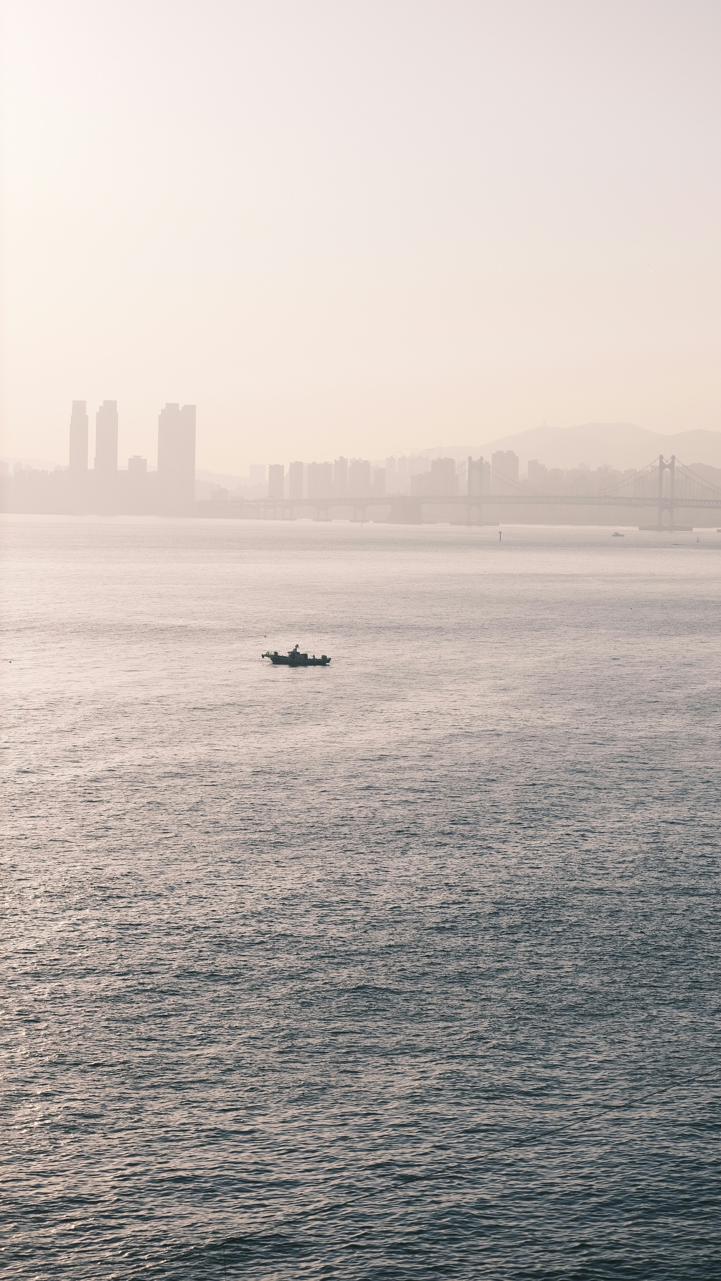 Boat on the water with city skyline