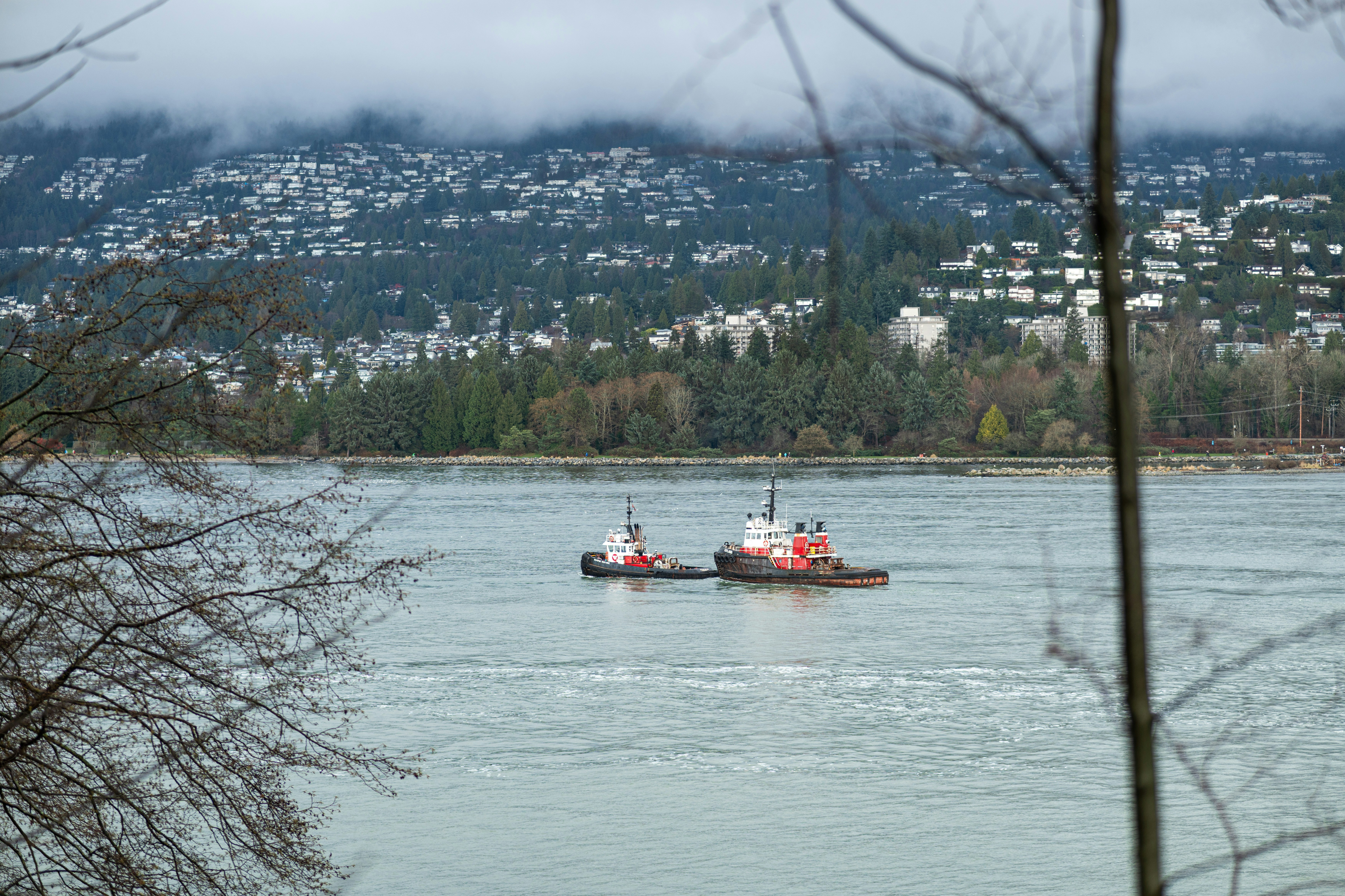 Two tugboats navigate a calm body of water.