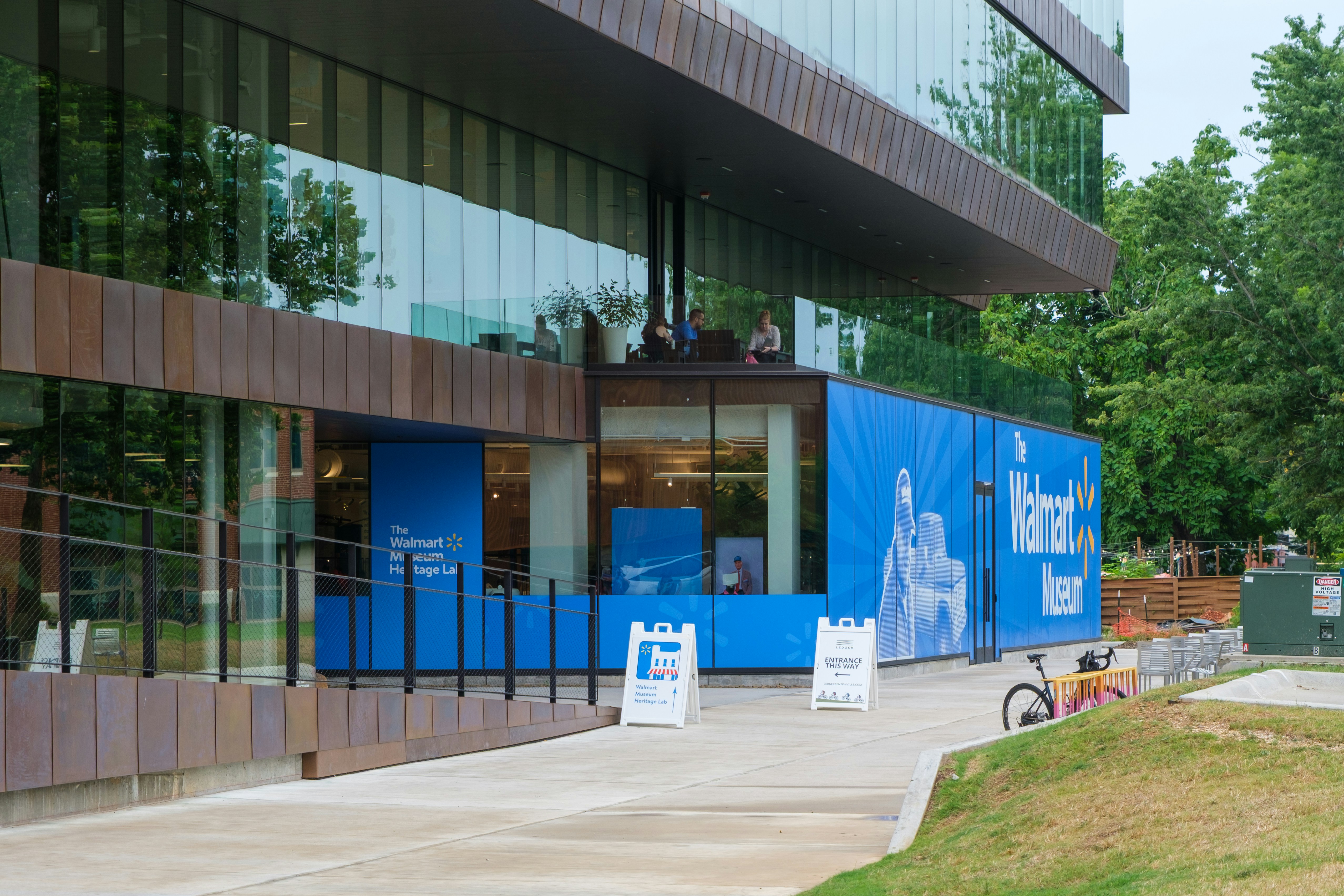 Modern building with blue construction banners