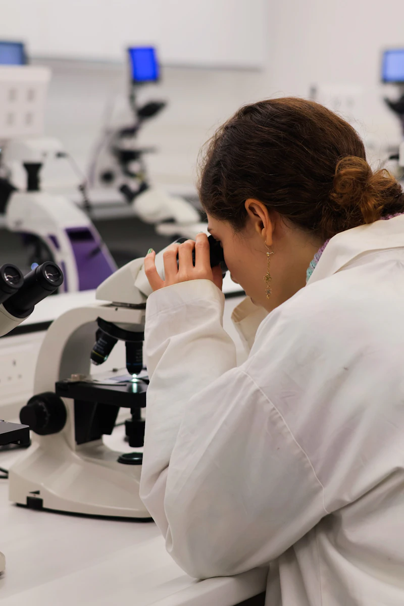 A scientist in a lab coat looking through a microscope in a laboratory