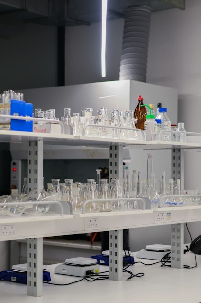 Laboratory shelves stocked with flasks, bottles and glassware
