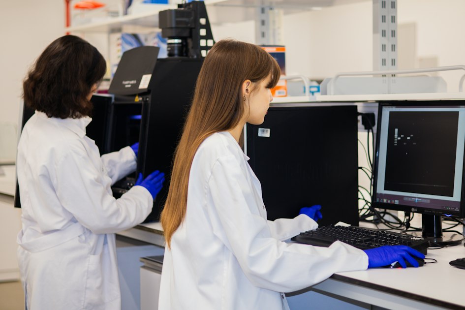 Two researchers working at computers in a laboratory.