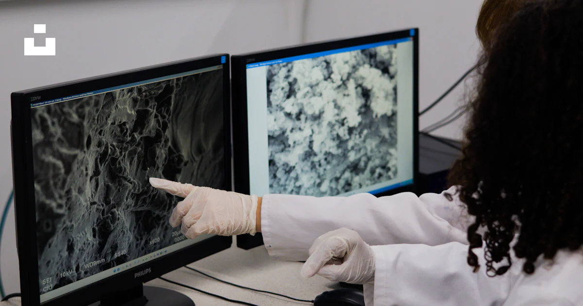 Scientist points to microscopic view on computer screen. photo – Free ...