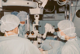 Surgeons operating with a microscope