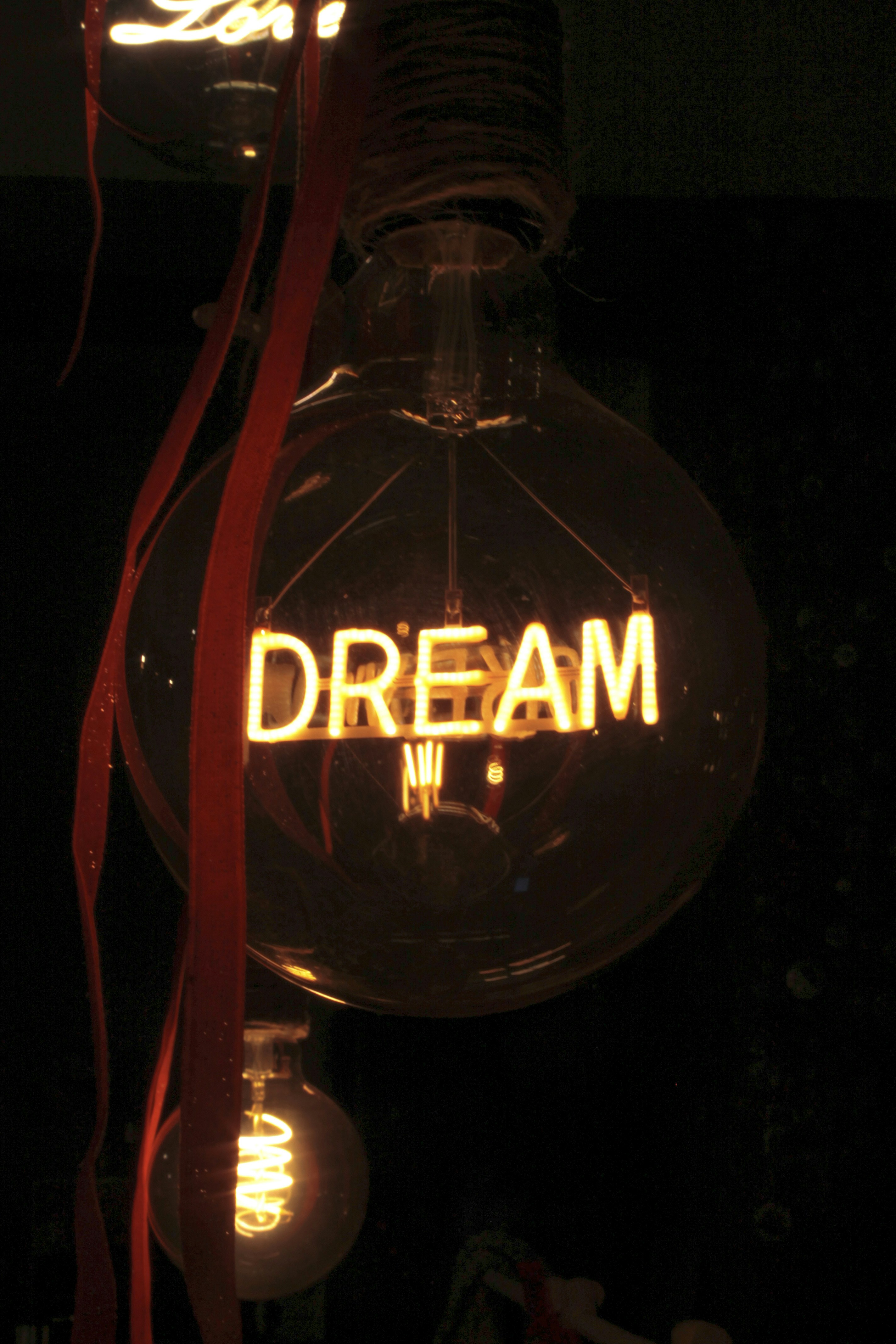 Lightbulb with the word dream illuminated inside