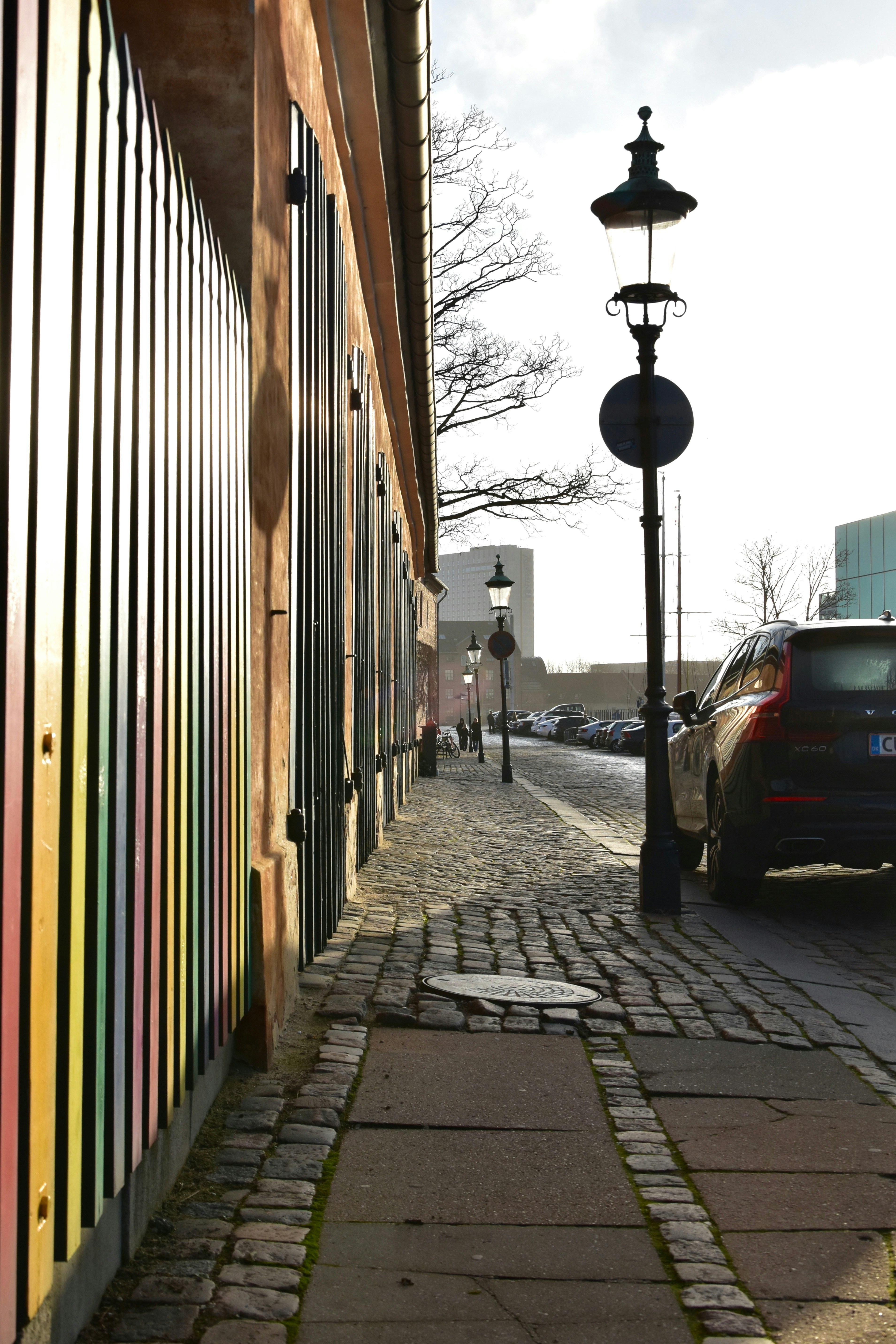 Cobblestone street with colorful wall and lampposts