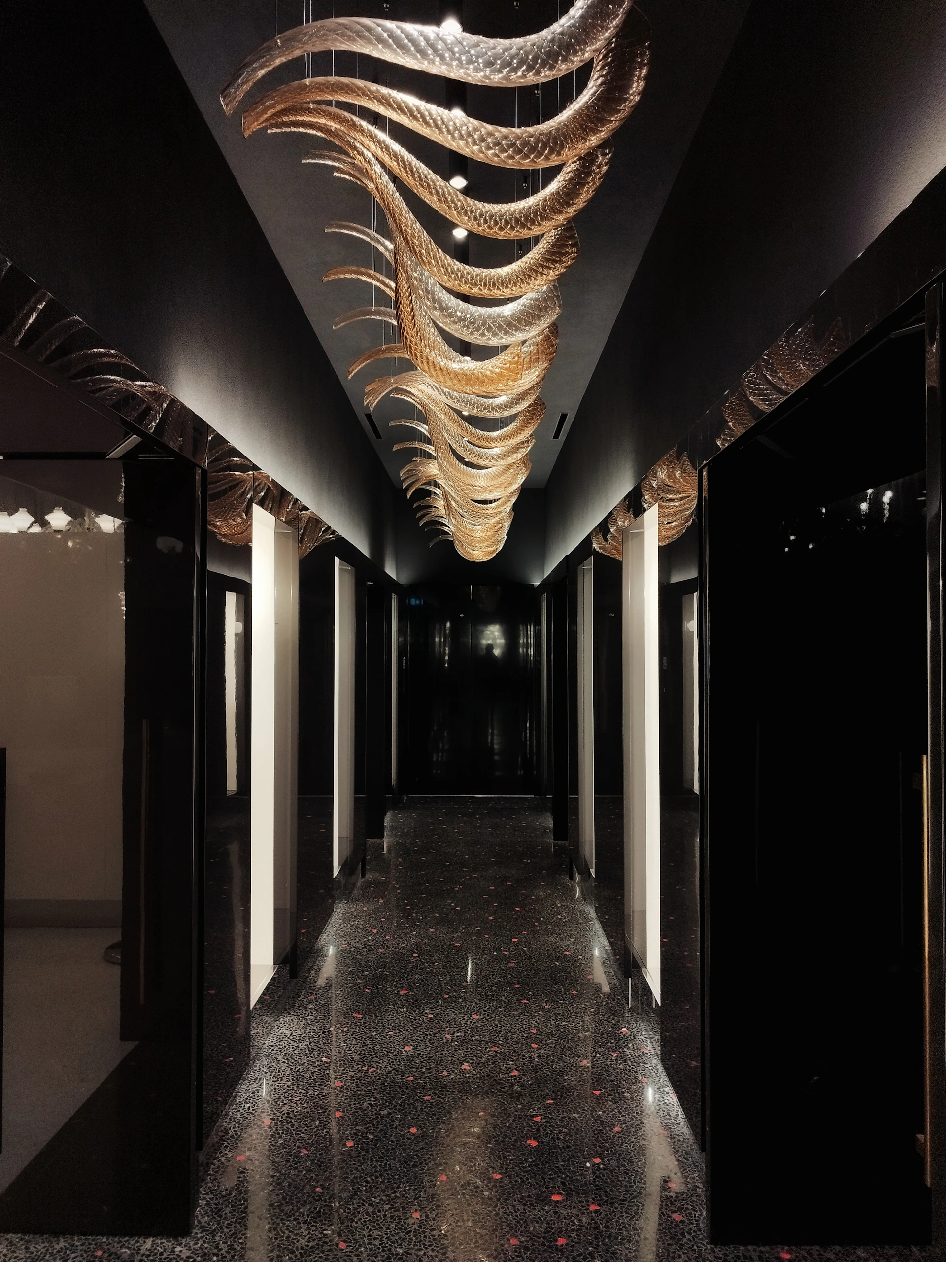 Modern hallway with unique overhead lighting fixture and reflective floor