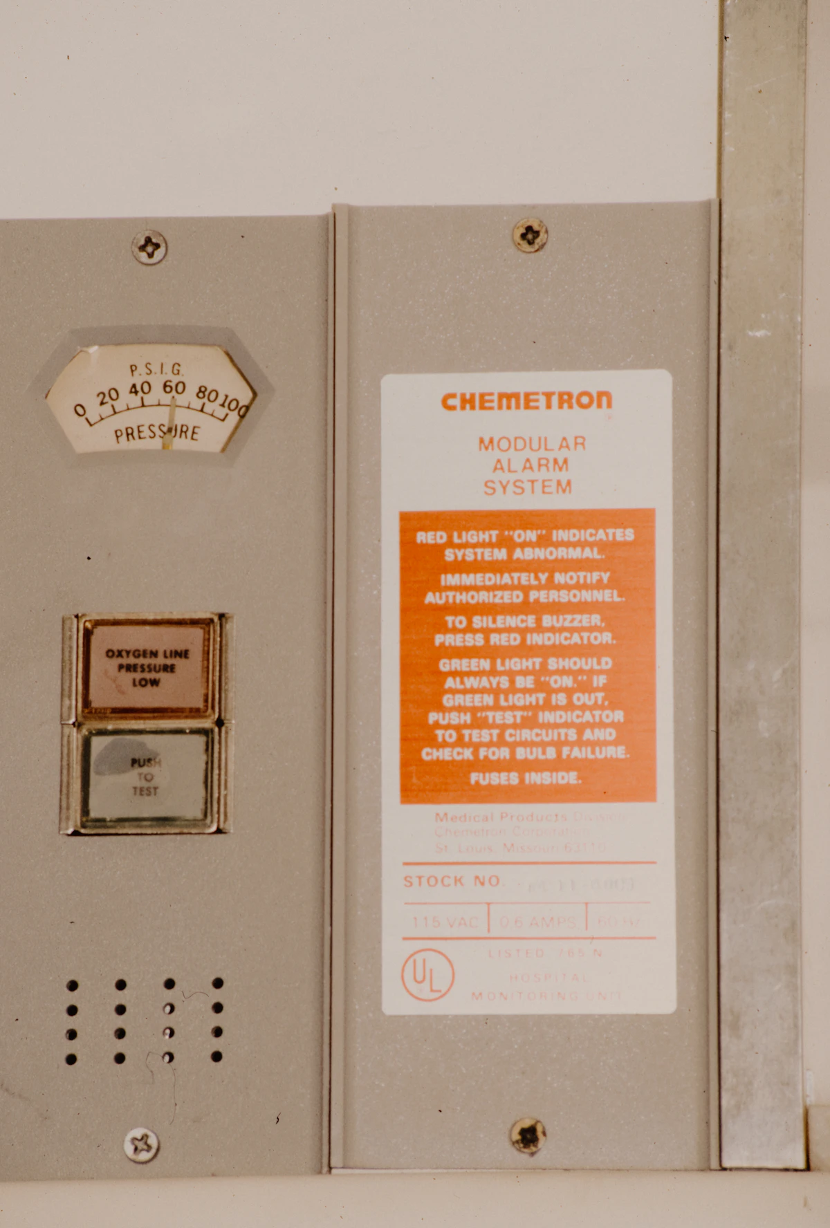 Modular medical gas alarm system panel — clinical engineering infrastructure in a healthcare facility