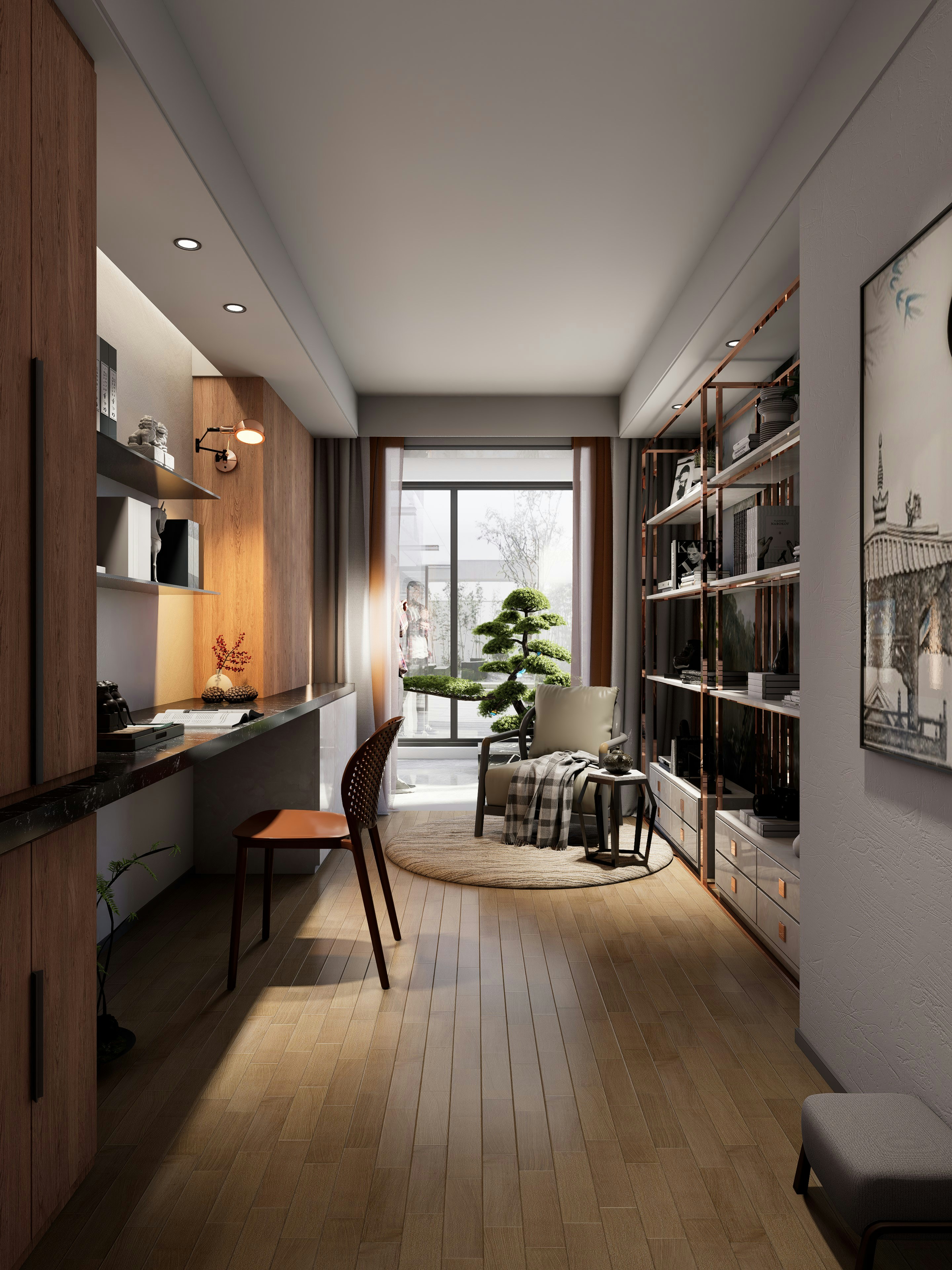 Modern Chinese style home office featuring a wooden desk, open shelving, and a view of a small garden with a bonsai tree