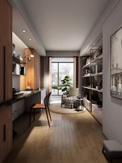 Modern home office with desk and bookshelves