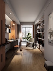 Modern home office with desk and bookshelves