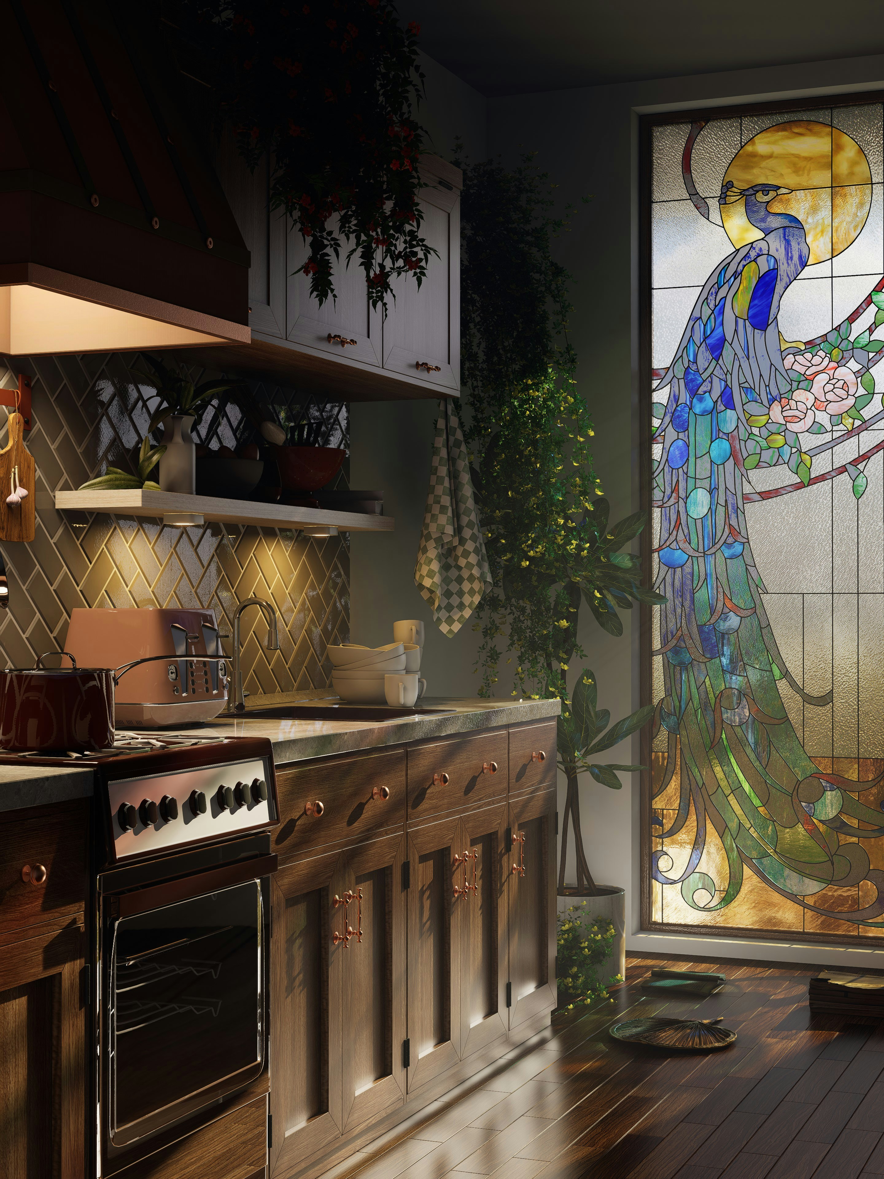Kitchen with stained glass peacock window