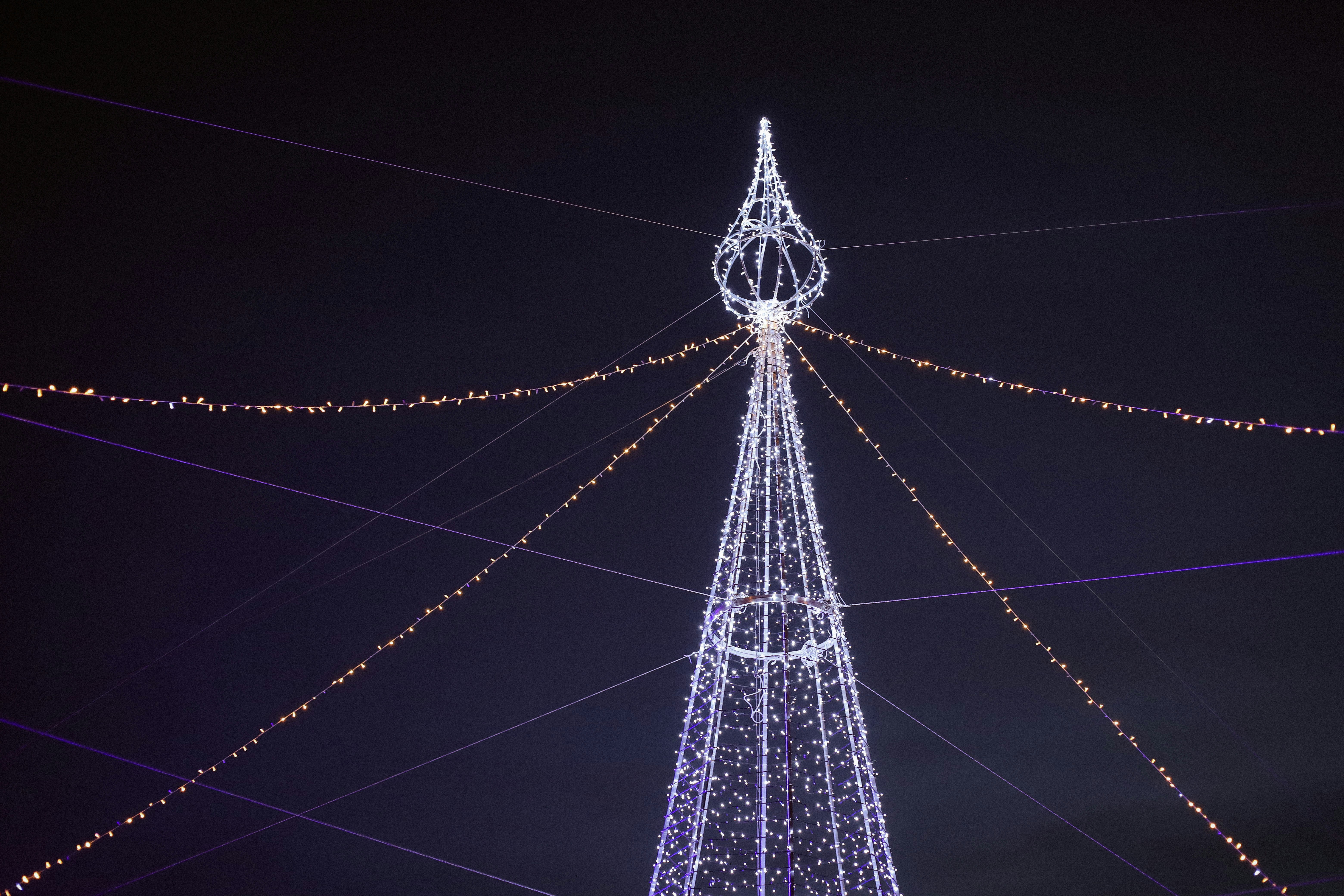Tall illuminated christmas tree with lights at night