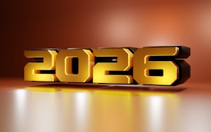 Golden 3D numbers spelling out 2026