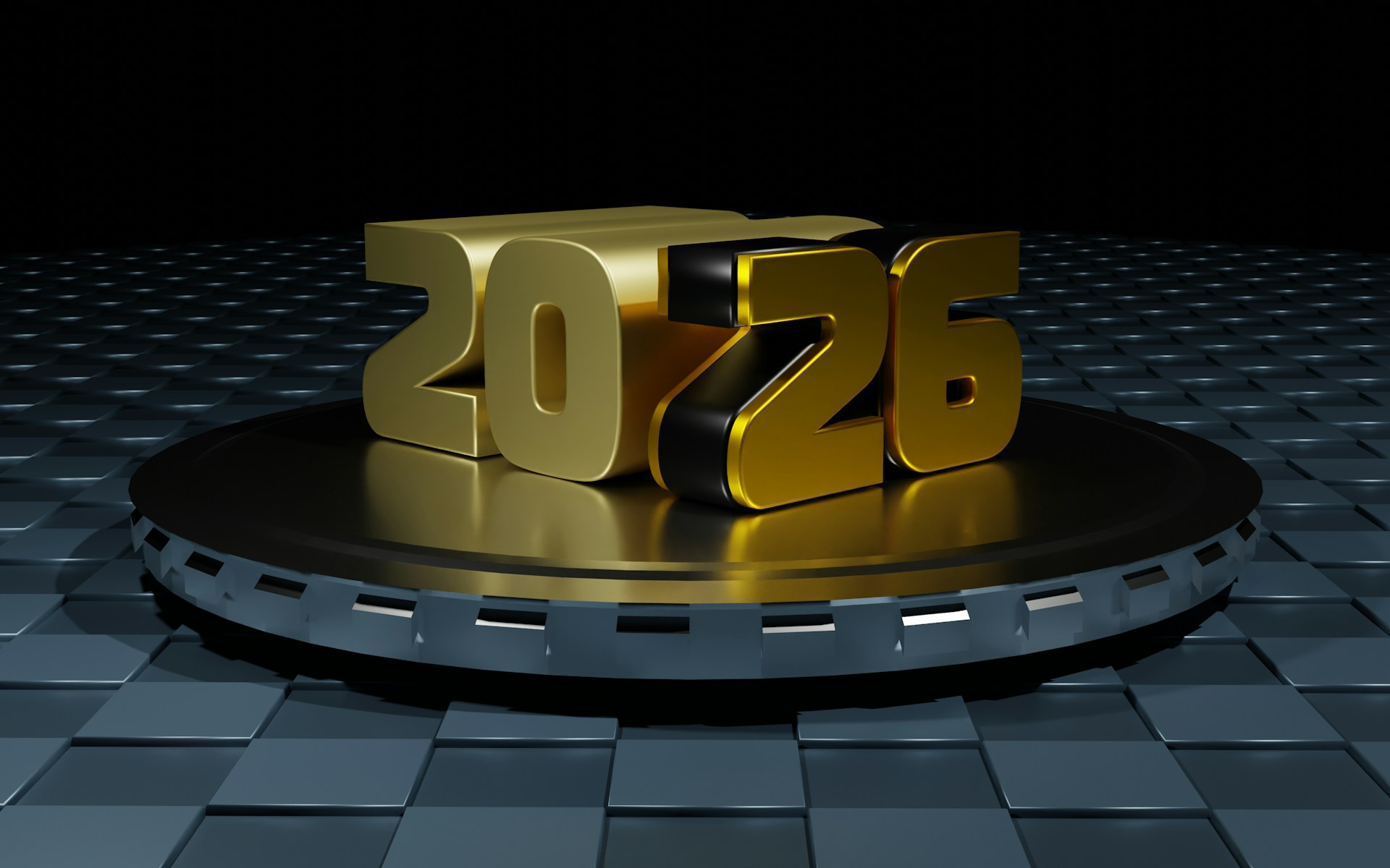 Golden 2026 numbers on a metallic platform