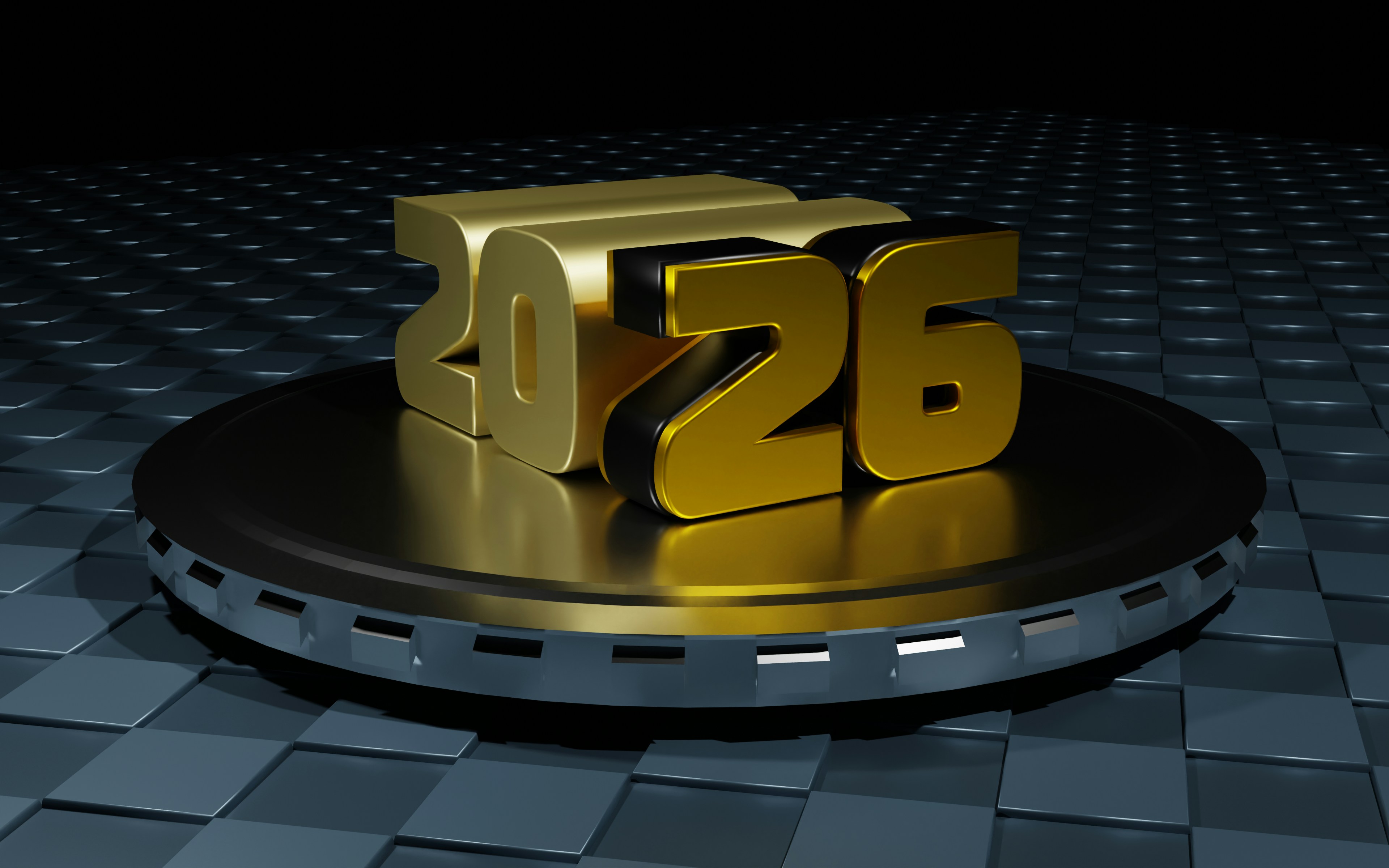 Striking 2026 illuminated display featuring bold red sculptural numbers with bright yellow LED bulbs creating a dramatic light effect. The glowing digits cast a warm orange reflection on the glossy black surface below, creating a modern and festive atmosphere perfect for New Year's celebrations. This eye-catching 3D light installation combines contemporary design with celebratory aesthetics for welcoming the year 2026.