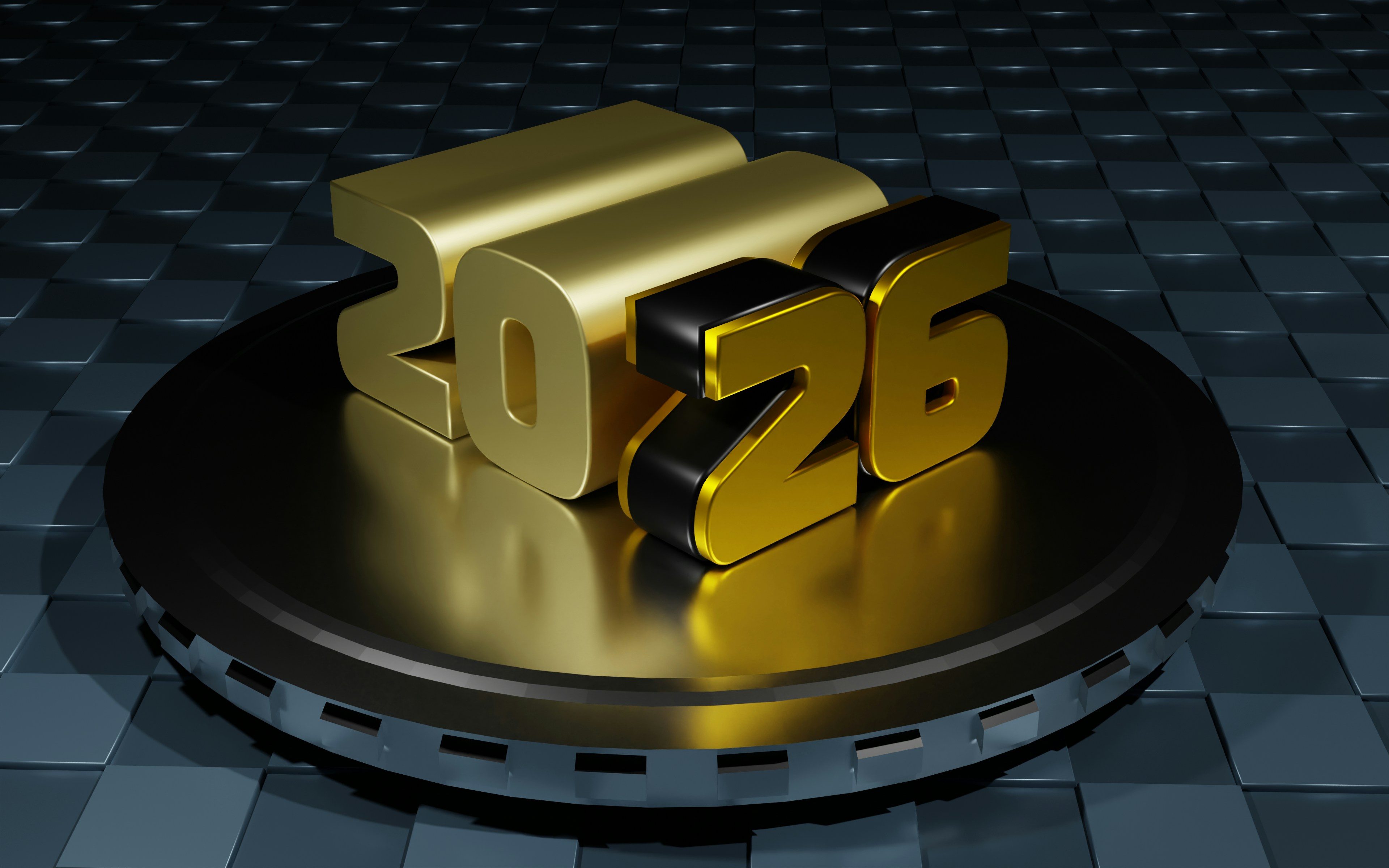 Striking 2026 illuminated display featuring bold red sculptural numbers with bright yellow LED bulbs creating a dramatic light effect. The glowing digits cast a warm orange reflection on the glossy black surface below, creating a modern and festive atmosphere perfect for New Year's celebrations. This eye-catching 3D light installation combines contemporary design with celebratory aesthetics for welcoming the year 2026.