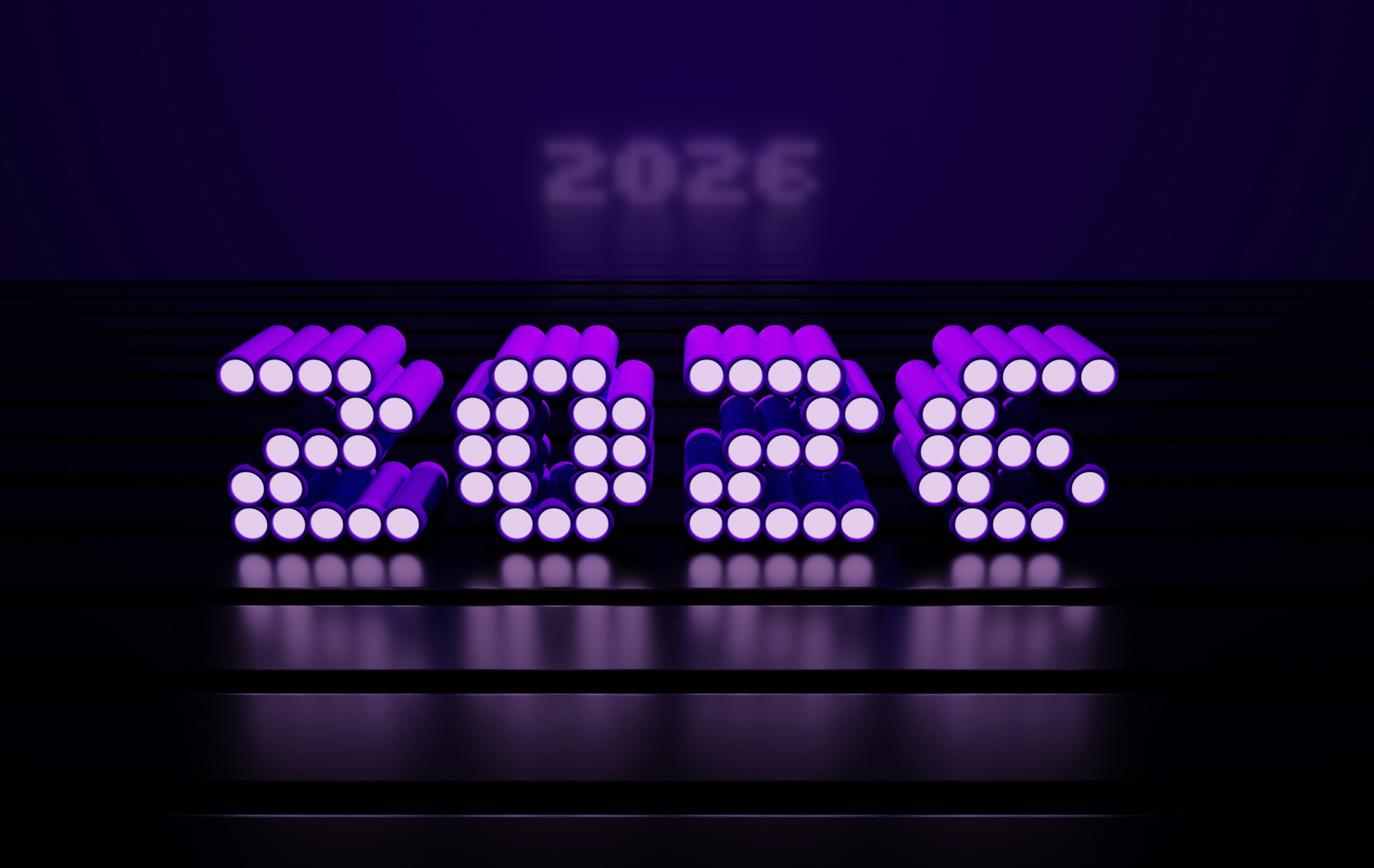 Digital numbers 2026 glowing purple against dark background