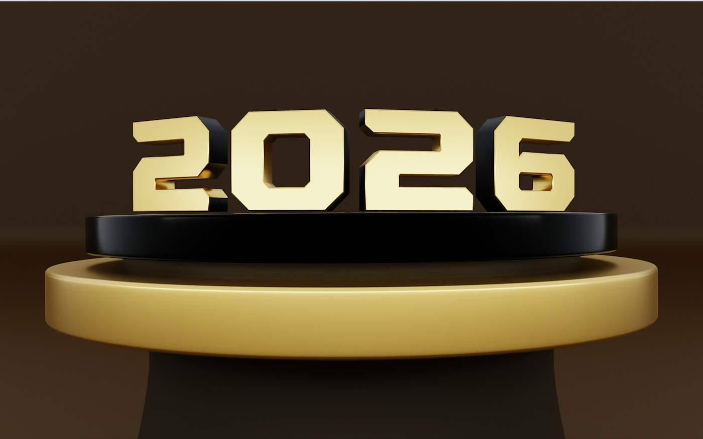 金色で「2026」と書かれた表彰台