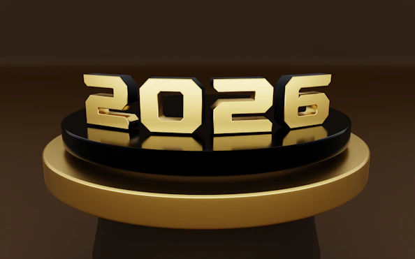Golden 2026 numbers displayed on a pedestal
