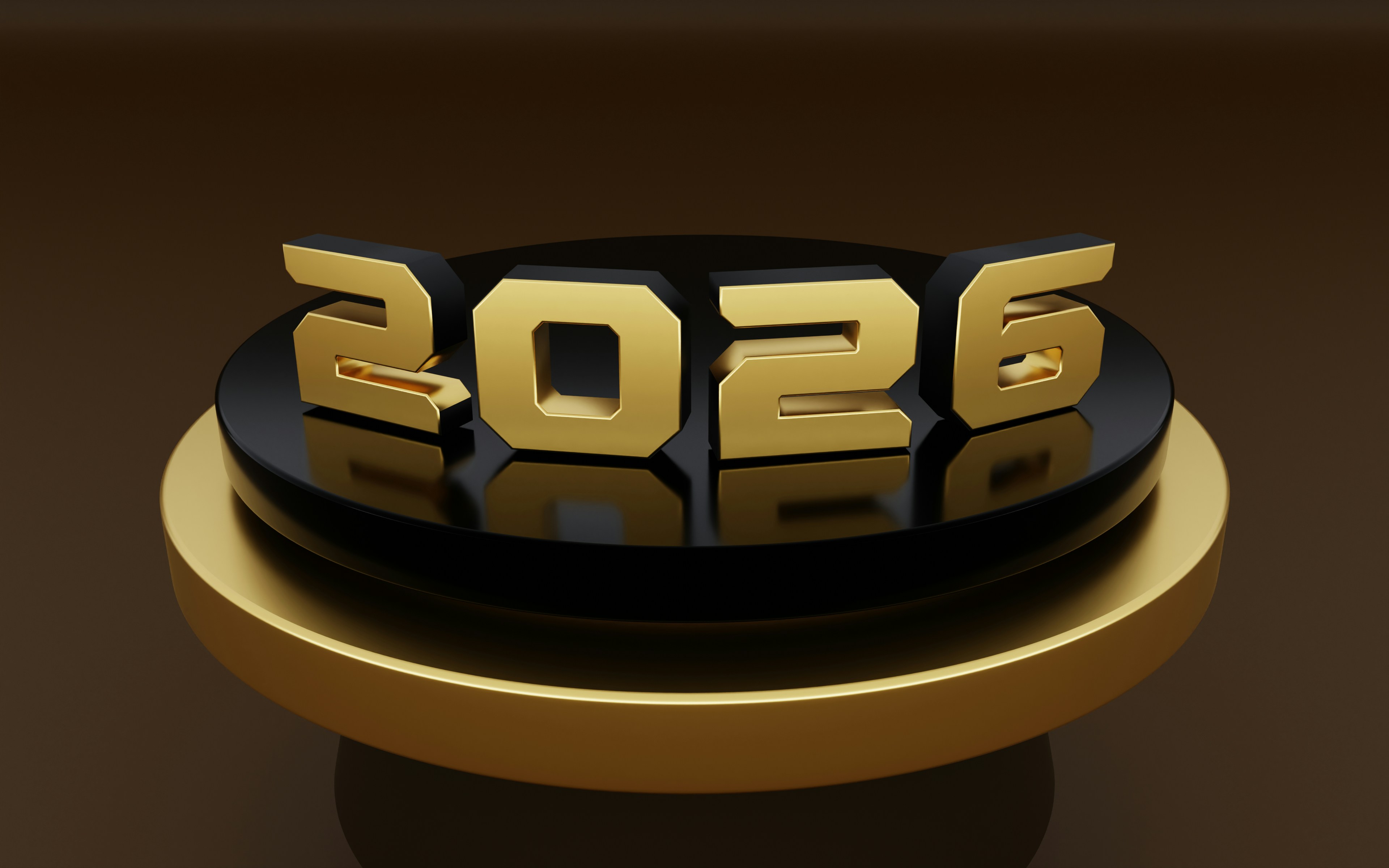 Striking 2026 illuminated display featuring bold red sculptural numbers with bright yellow LED bulbs creating a dramatic light effect. The glowing digits cast a warm orange reflection on the glossy black surface below, creating a modern and festive atmosphere perfect for New Year's celebrations. This eye-catching 3D light installation combines contemporary design with celebratory aesthetics for welcoming the year 2026.