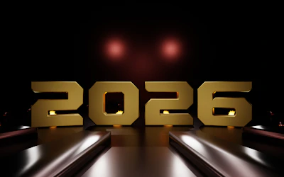 Golden 2026 text on a dark, reflective surface