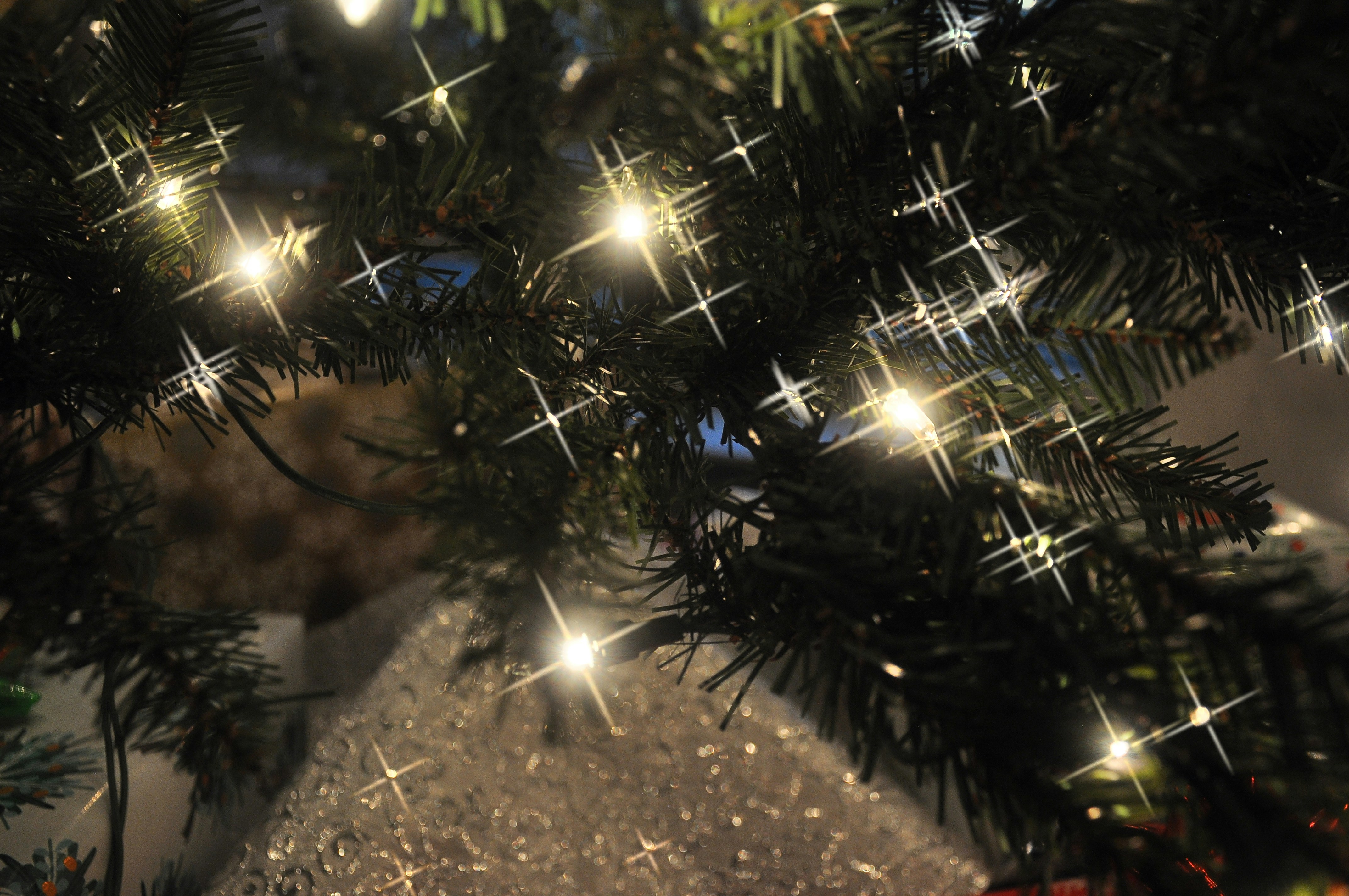 Close-up of a decorated christmas tree with twinkling lights