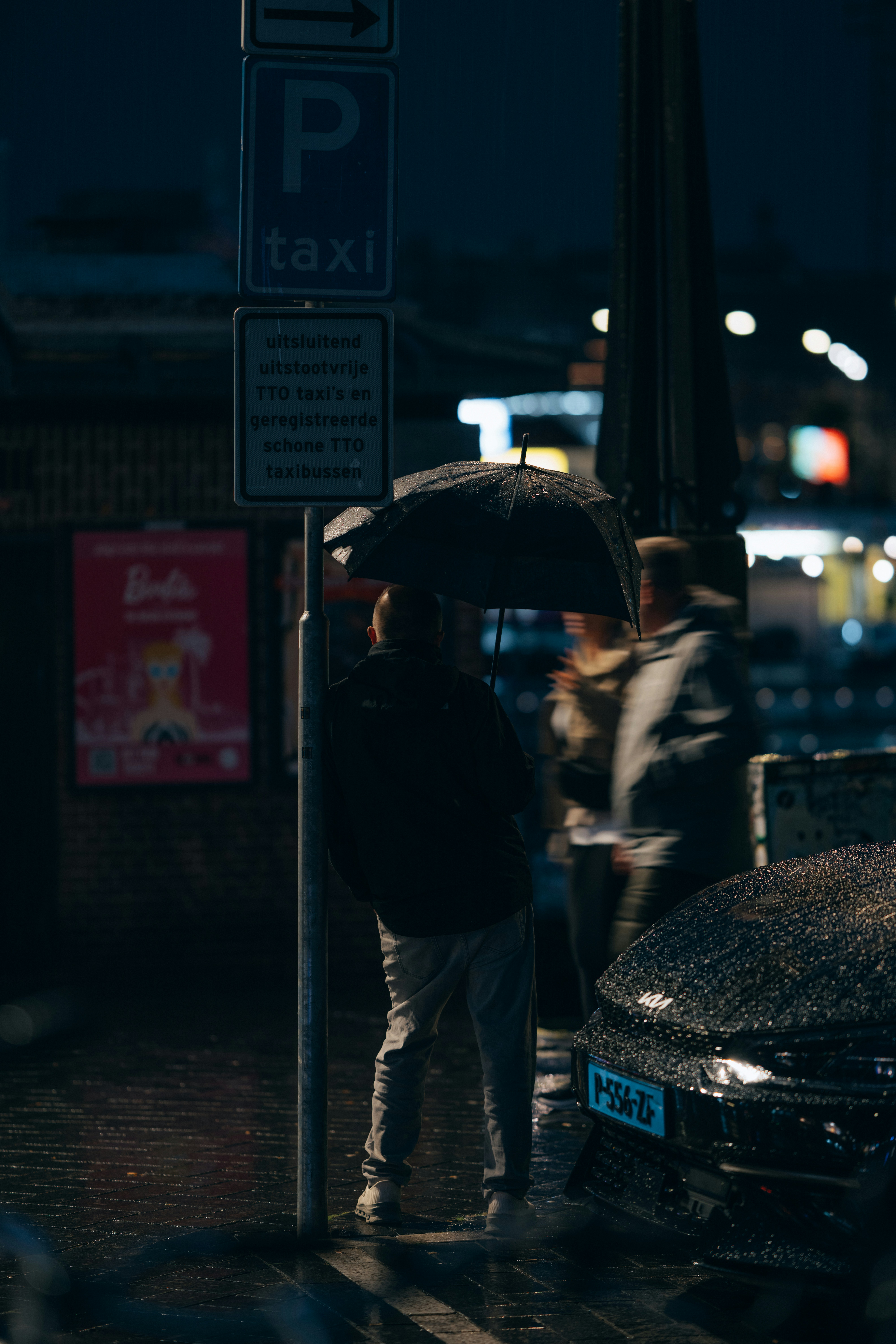 People with umbrella wait for taxi at night.