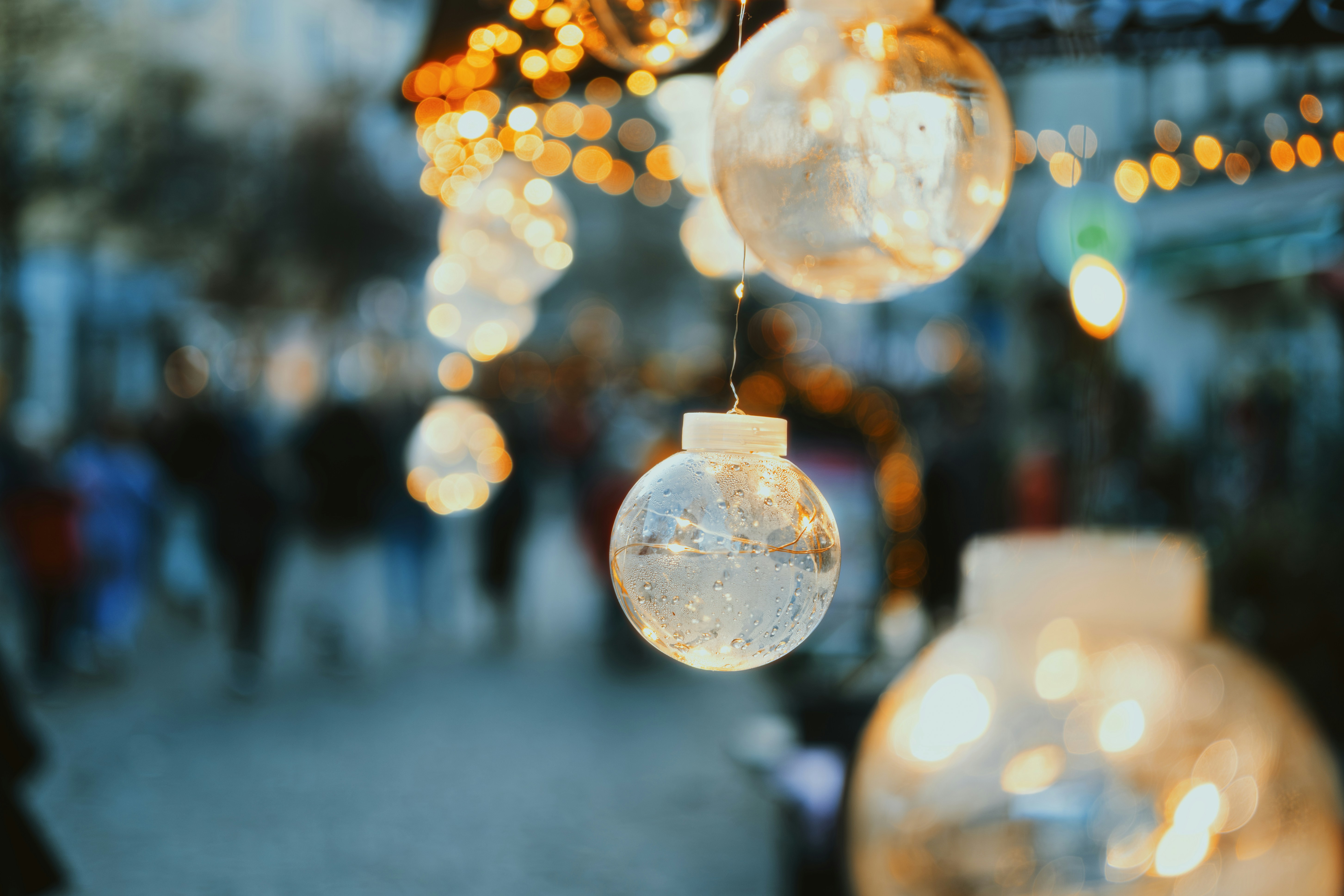 Christmas lights and ornaments hanging outdoors