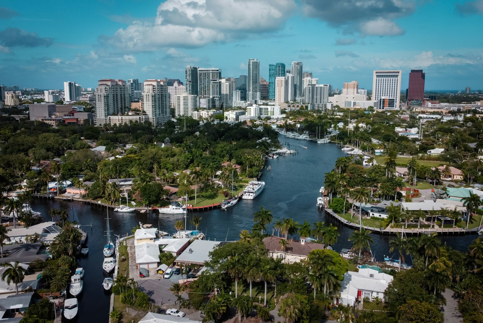 Aerial view of the Fort Lauderdale skyline and New River waterways