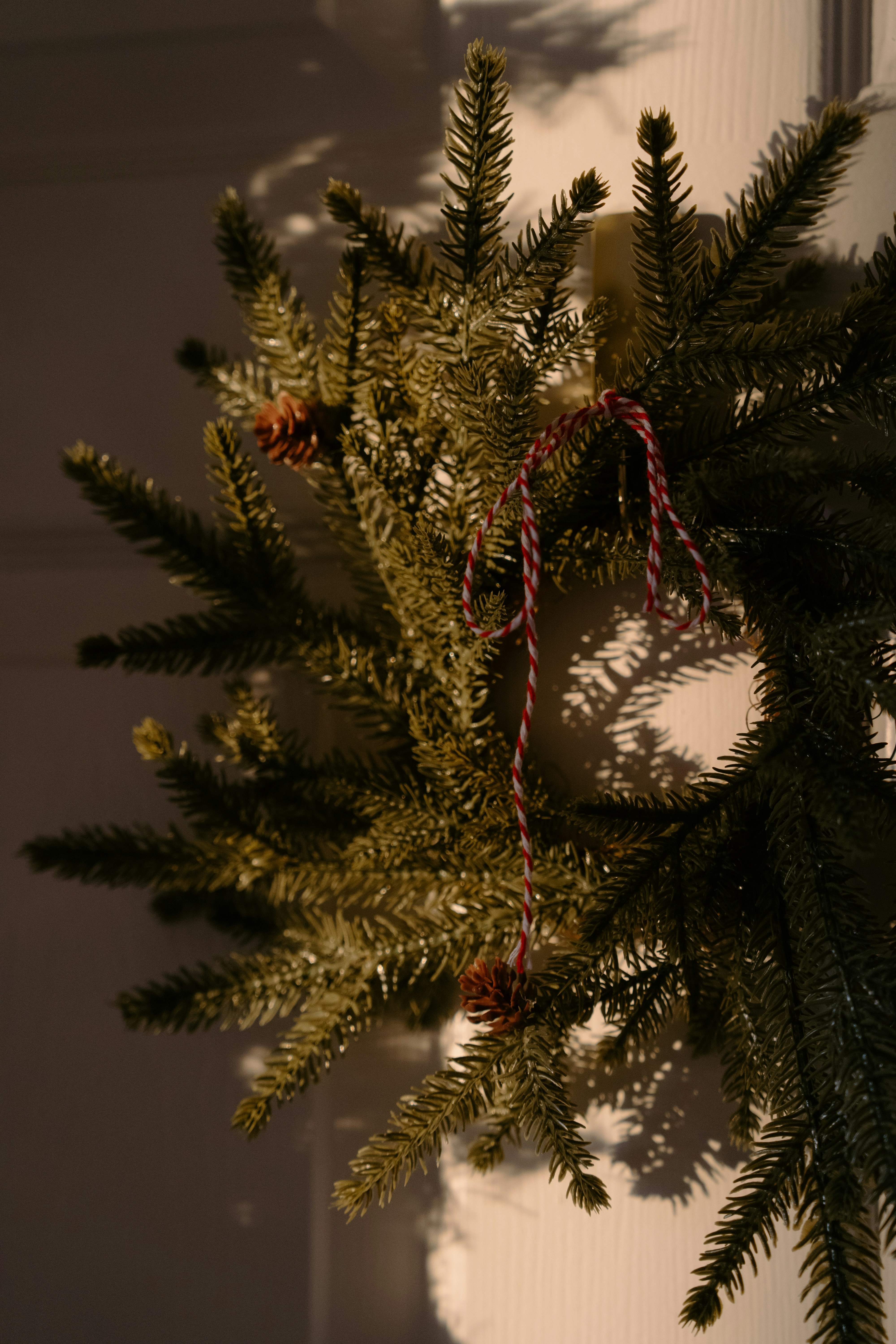 A christmas wreath with pinecones and ribbon.