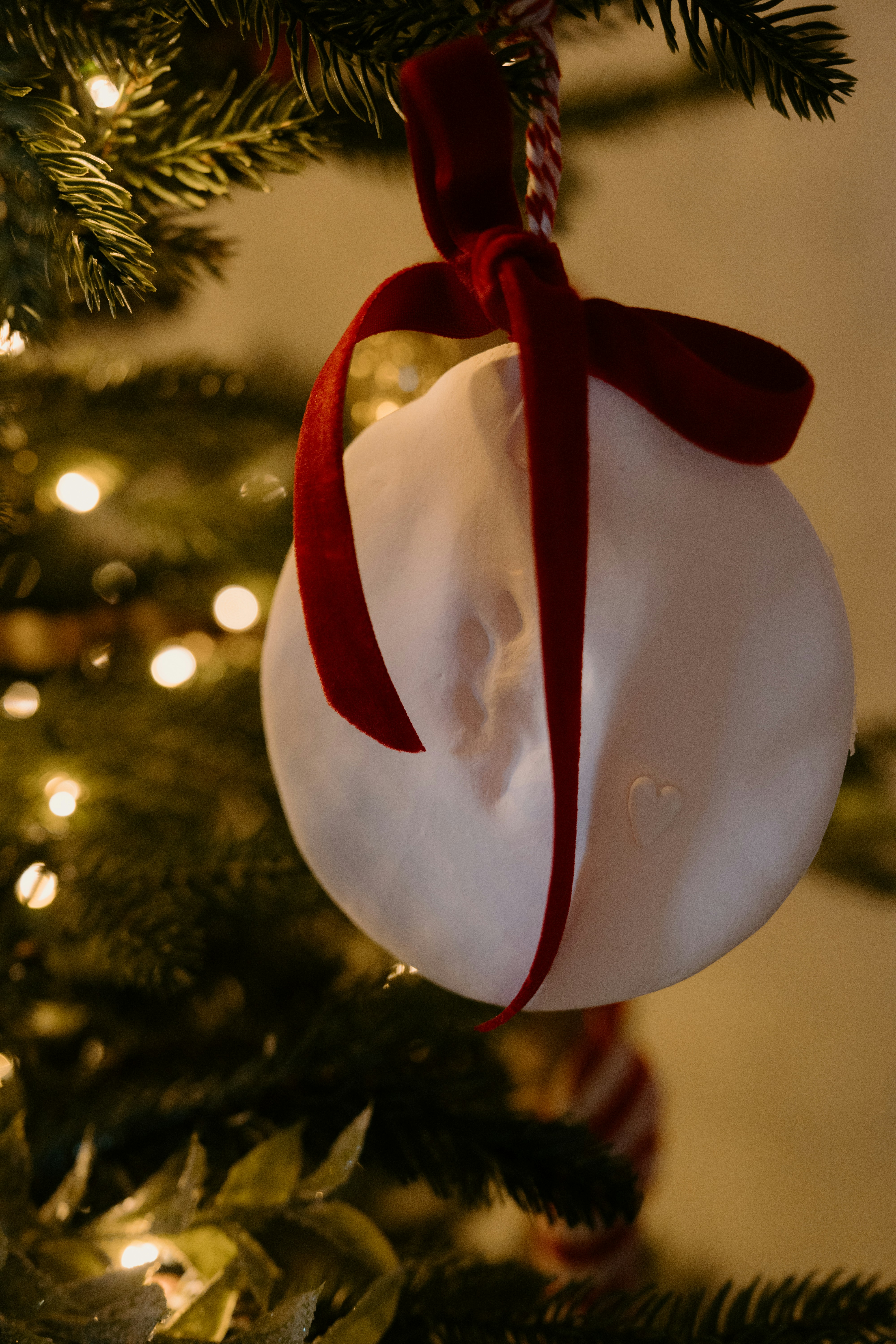 Christmas ornament with red ribbon on tree