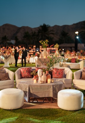 Elegant outdoor lounge area with seating and decor