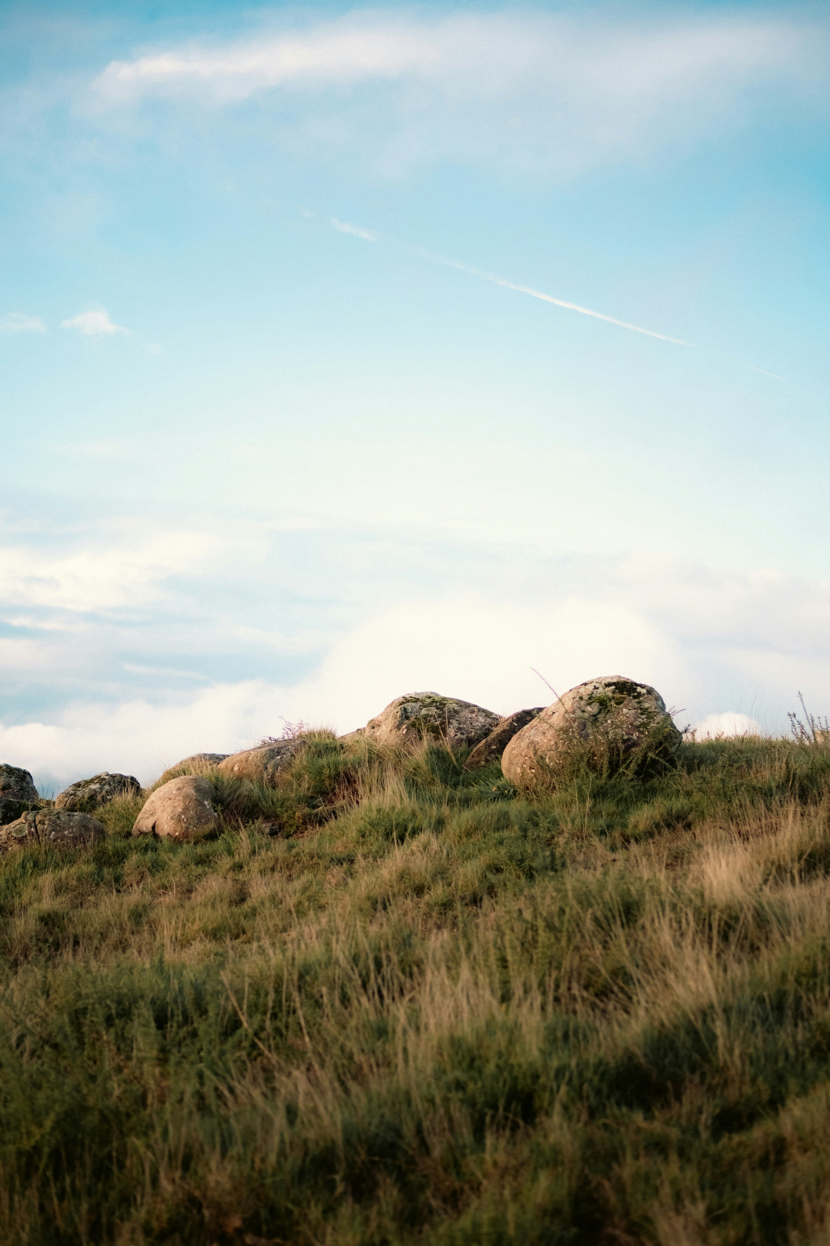 Large boulders on a grassy hill under a cloudy sky
