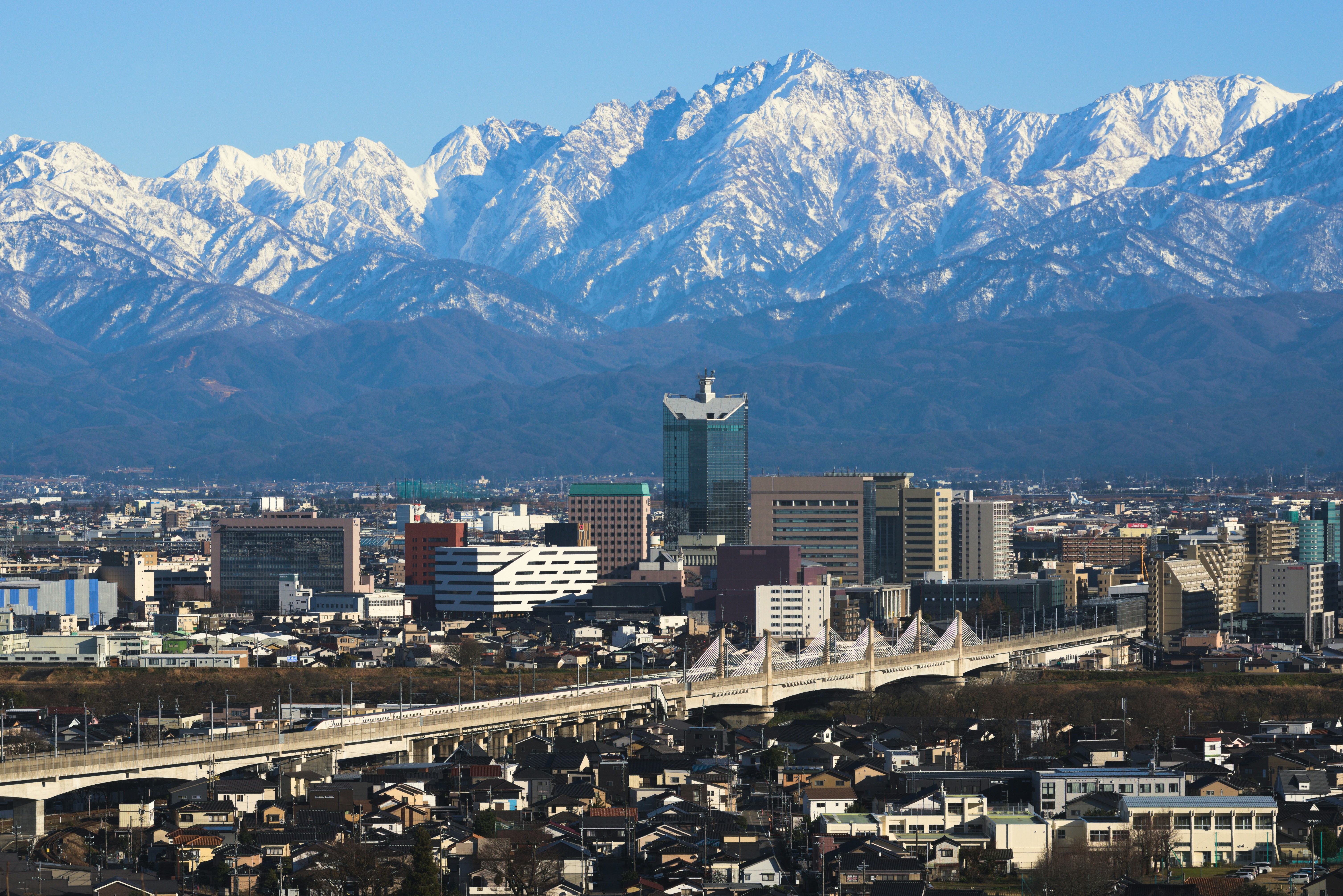 City skyline with snow-capped mountains in background