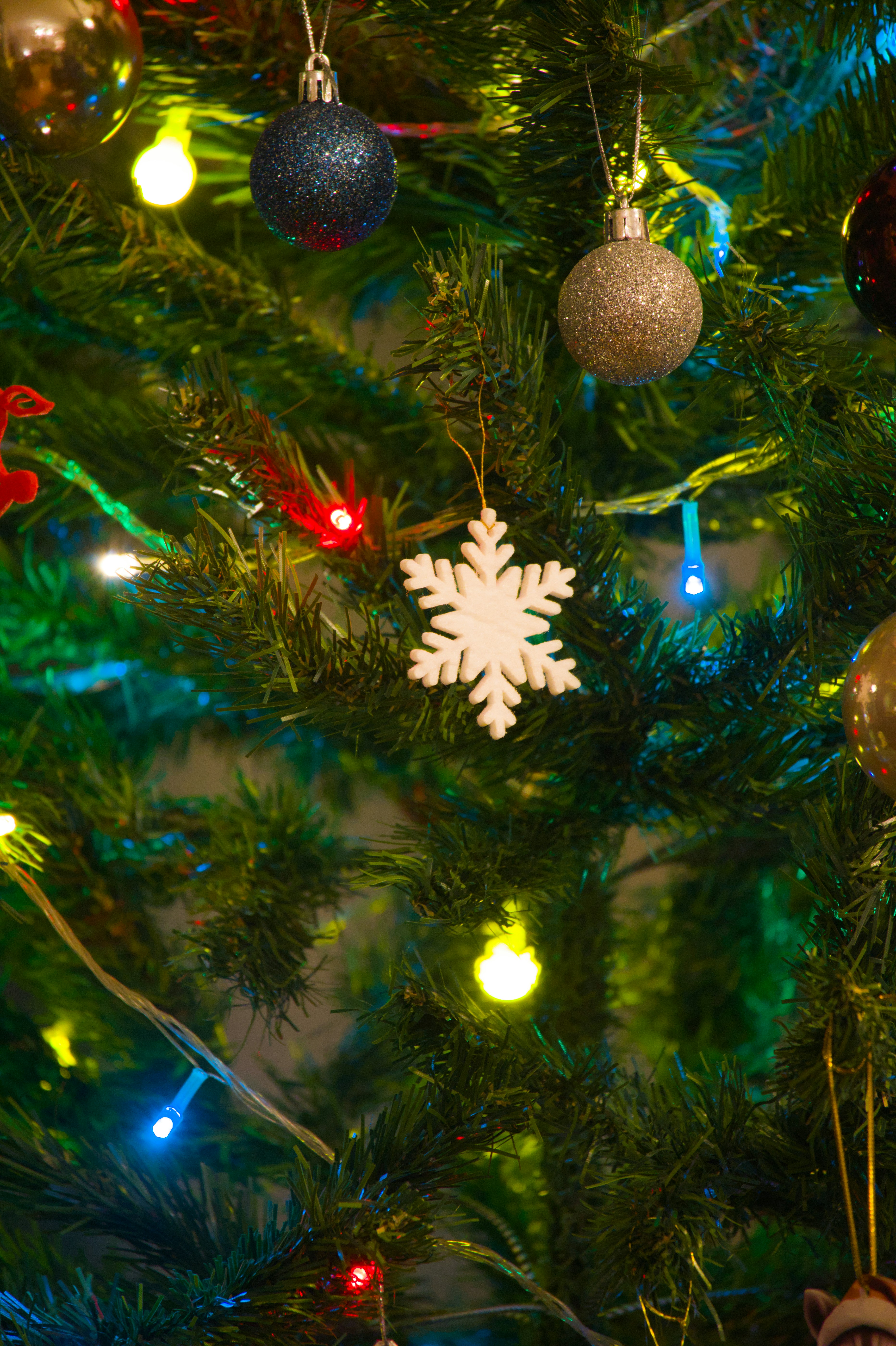 Primer plano de un árbol de Navidad decorado con luces.