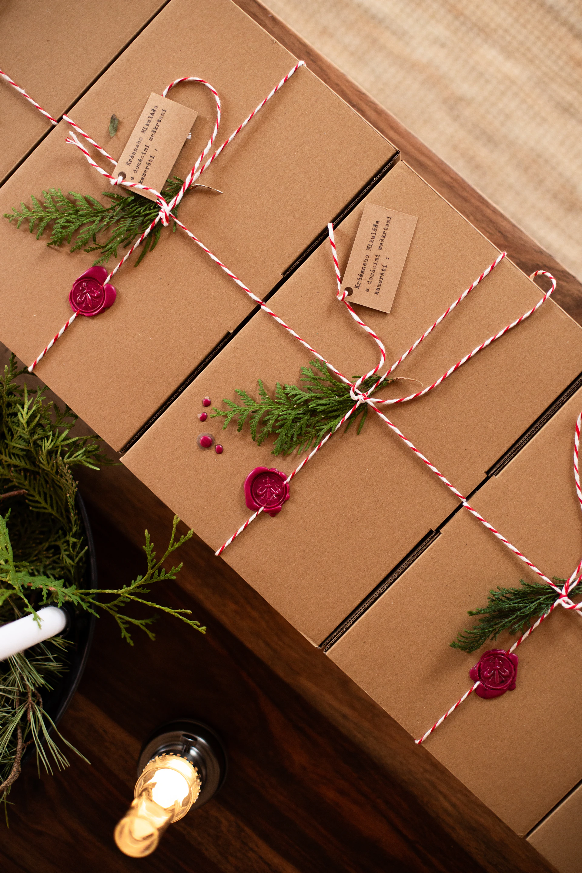 Brown gift boxes tied with red and white string