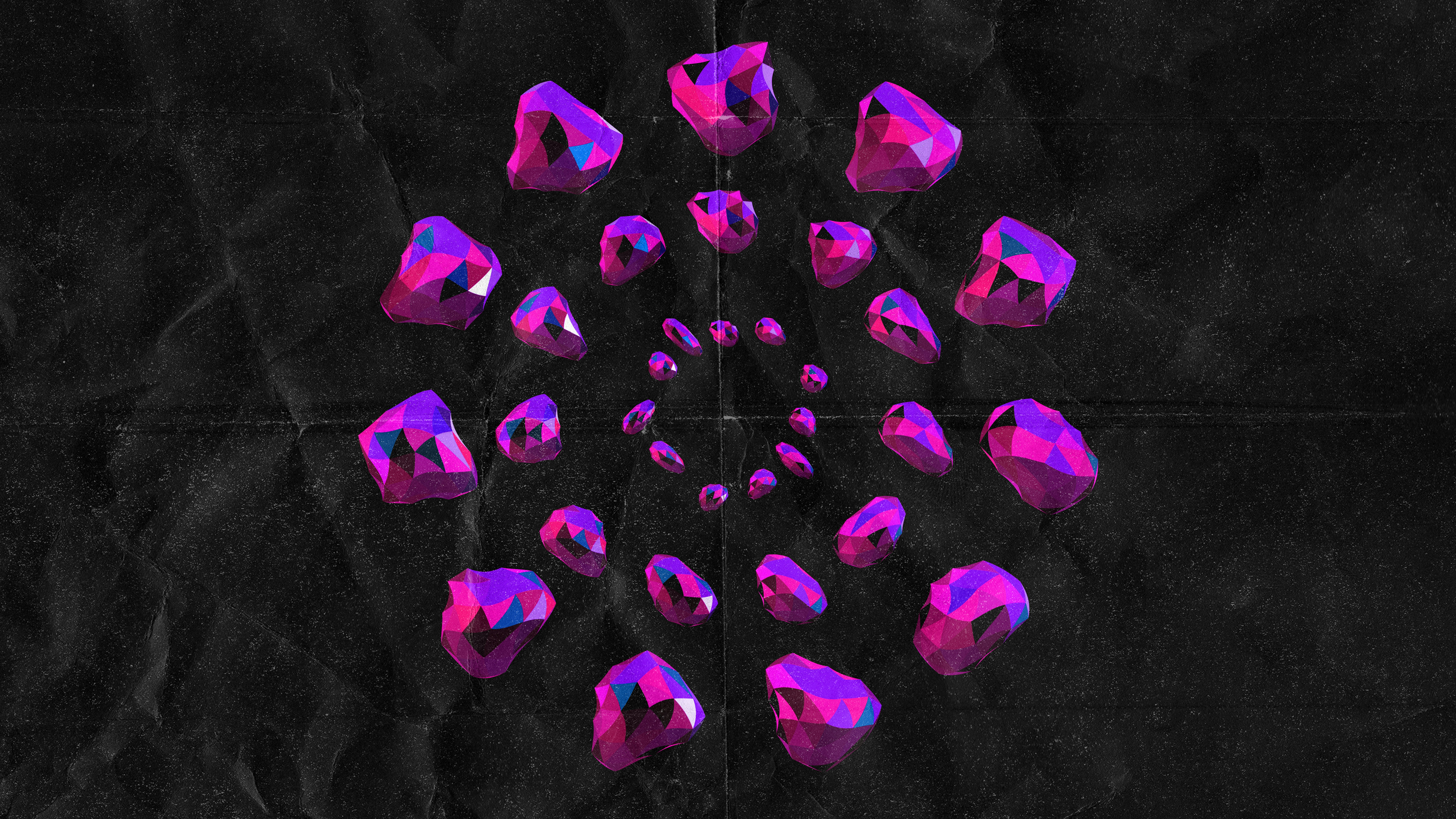 Geometric purple crystals arranged in a spiral pattern.