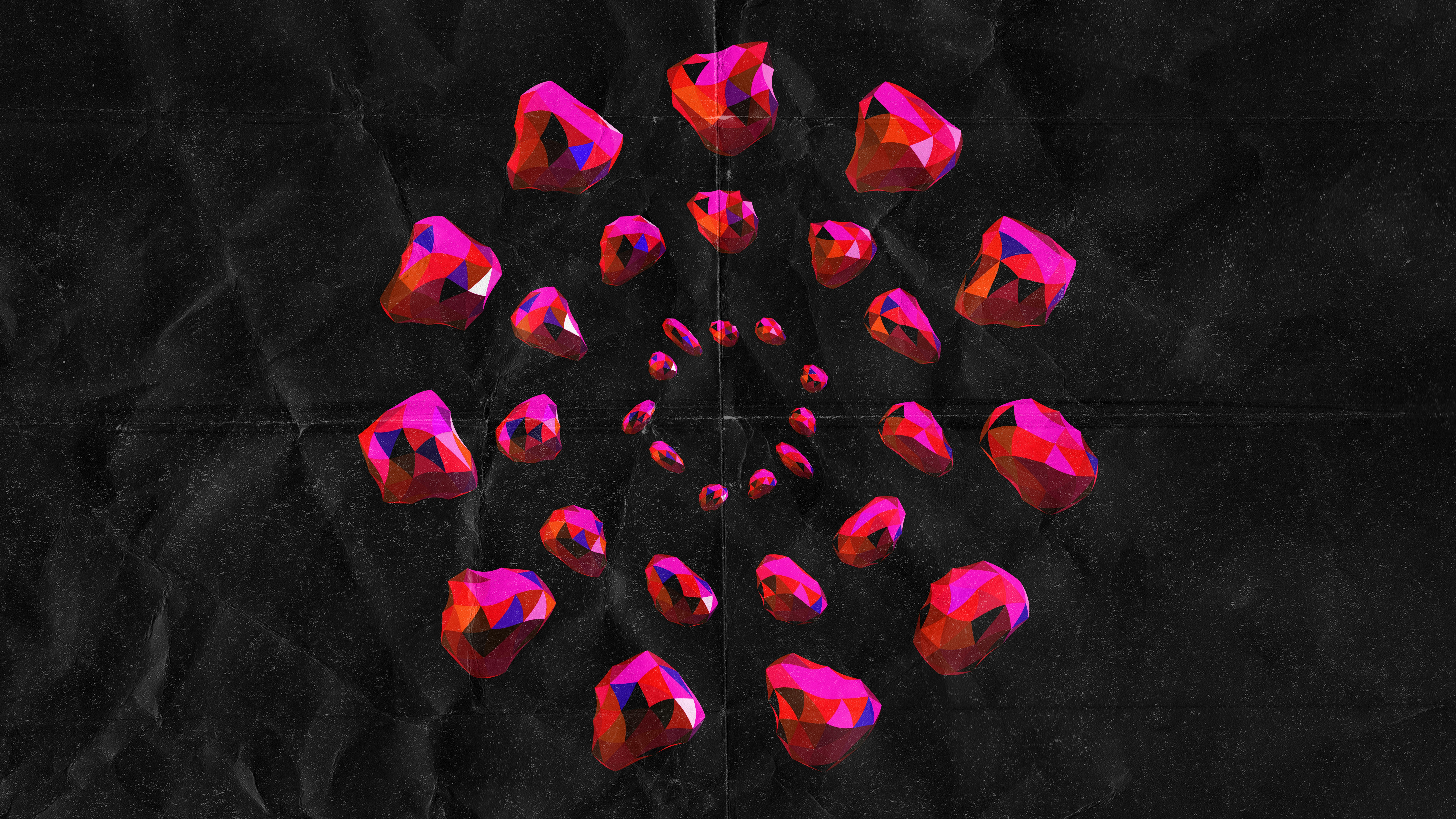 Pink and purple abstract shapes arranged in a spiral pattern.